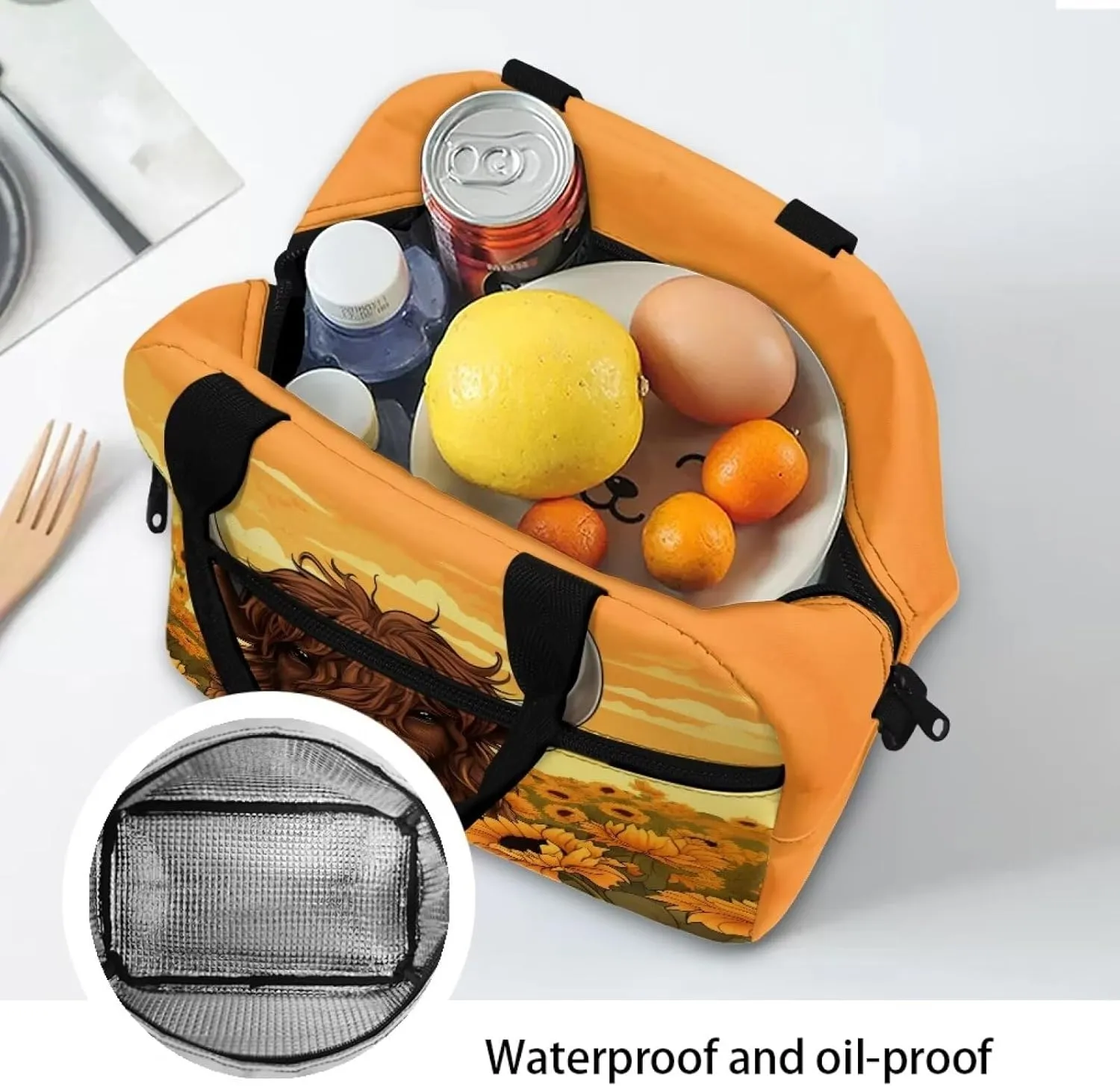 Highland Cow Lunch Bag Insulated Lunch Bags Reusable Lunchbag Lunch Box Portable Crossbody Tote Handbag Picnic Organzier for School Workout Office Fishing Trip