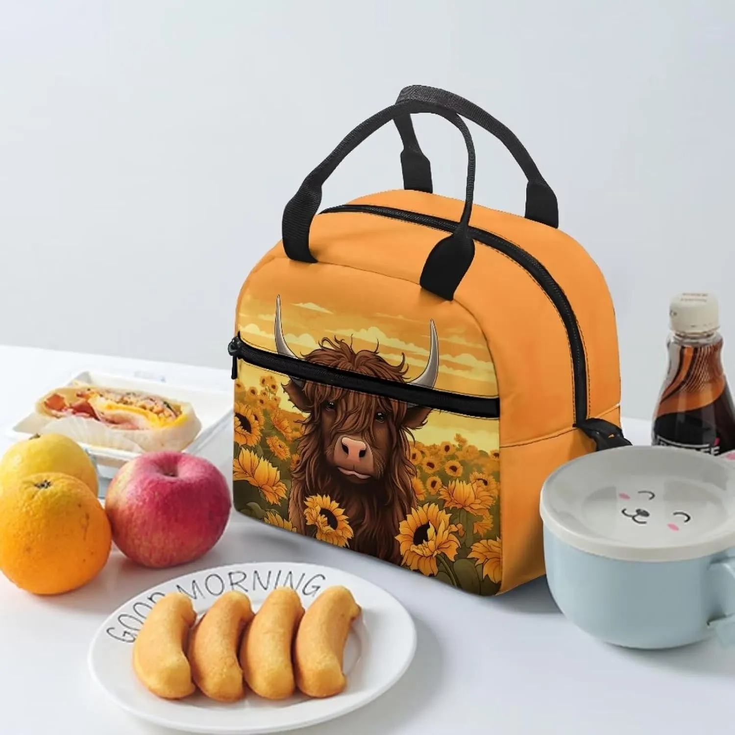Highland Cow Lunch Bag Insulated Lunch Bags Reusable Lunchbag Lunch Box Portable Crossbody Tote Handbag Picnic Organzier for School Workout Office Fishing Trip