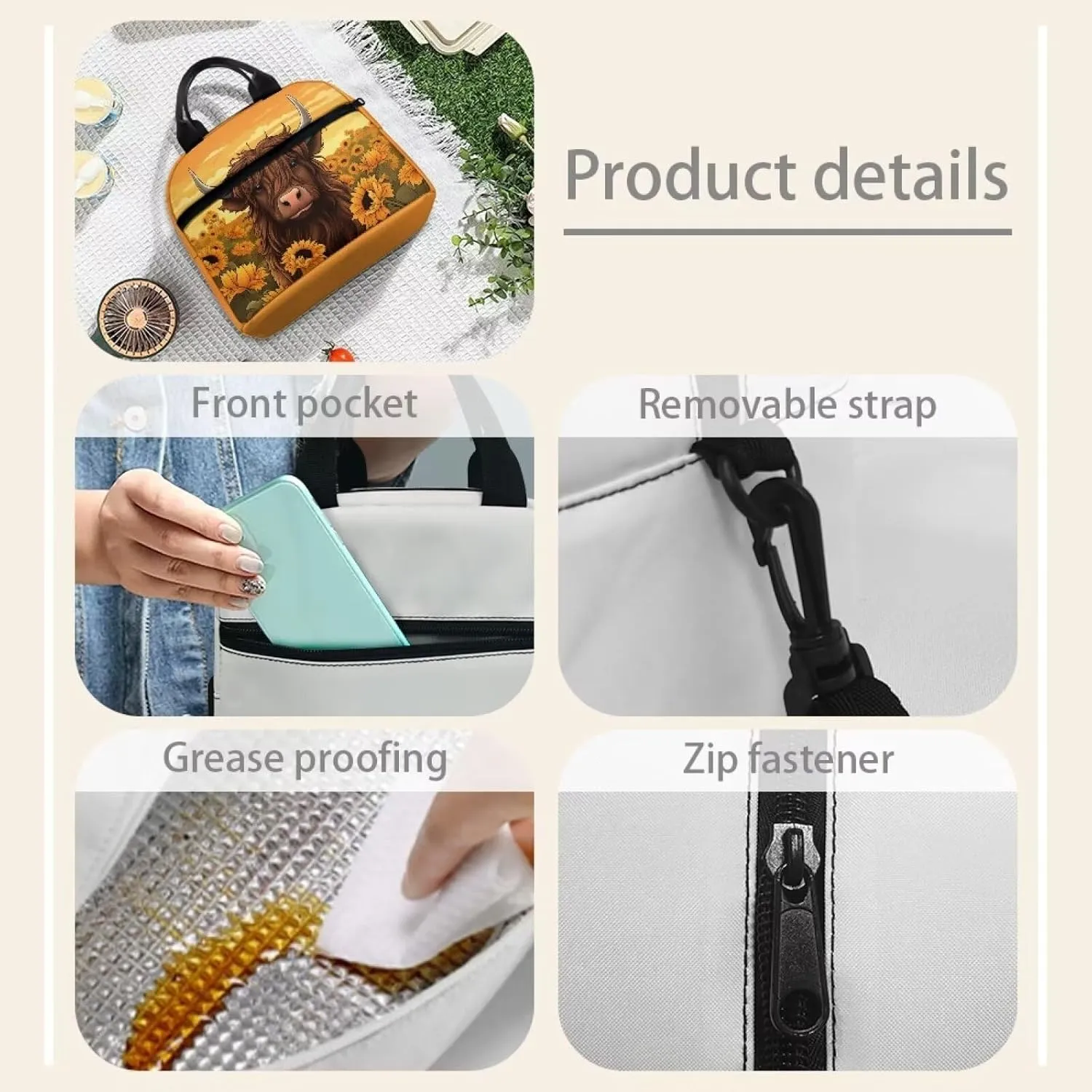 Highland Cow Lunch Bag Insulated Lunch Bags Reusable Lunchbag Lunch Box Portable Crossbody Tote Handbag Picnic Organzier for School Workout Office Fishing Trip