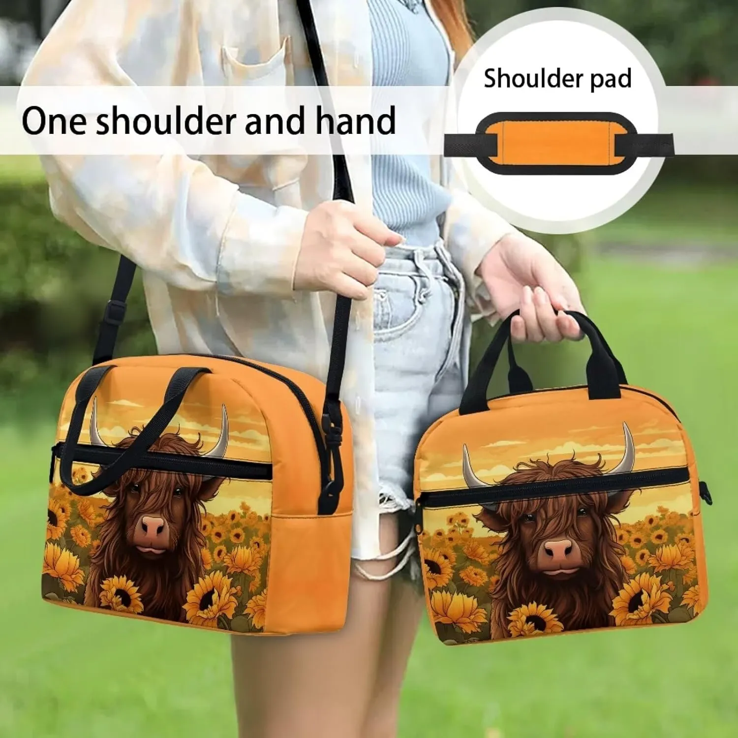 Highland Cow Lunch Bag Insulated Lunch Bags Reusable Lunchbag Lunch Box Portable Crossbody Tote Handbag Picnic Organzier for School Workout Office Fishing Trip