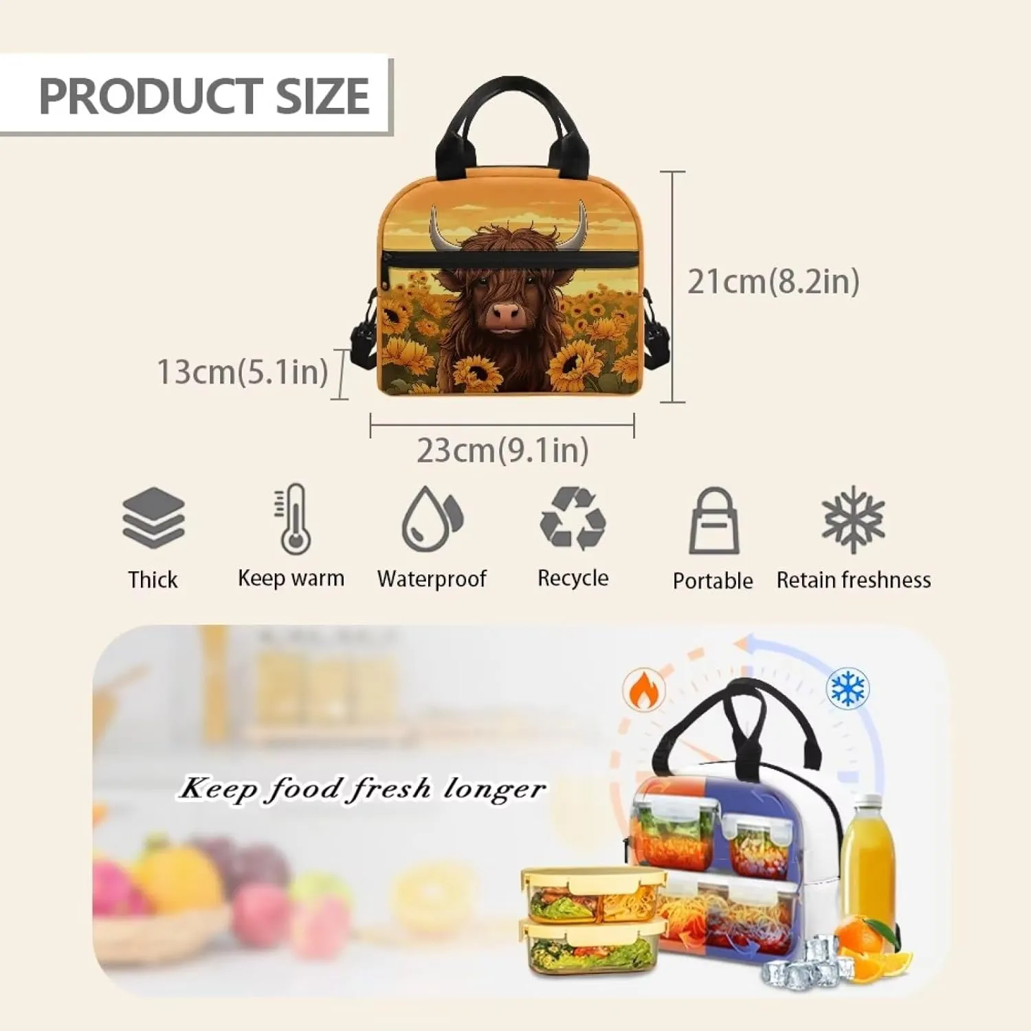 Highland Cow Lunch Bag Insulated Lunch Bags Reusable Lunchbag Lunch Box Portable Crossbody Tote Handbag Picnic Organzier for School Workout Office Fishing Trip