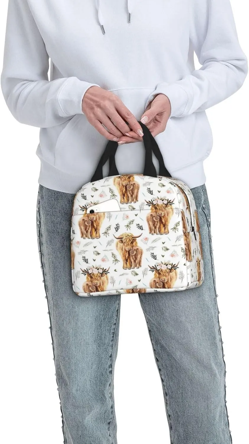 Highland Cow Lunch Box Farmhouse Cow Insulated Lunch Bag for Kids Women Men Reusable Cooler Rustic Country Lunch Tote Bag with Front Pocket for Girls Boys Students School Office Picnic Travel