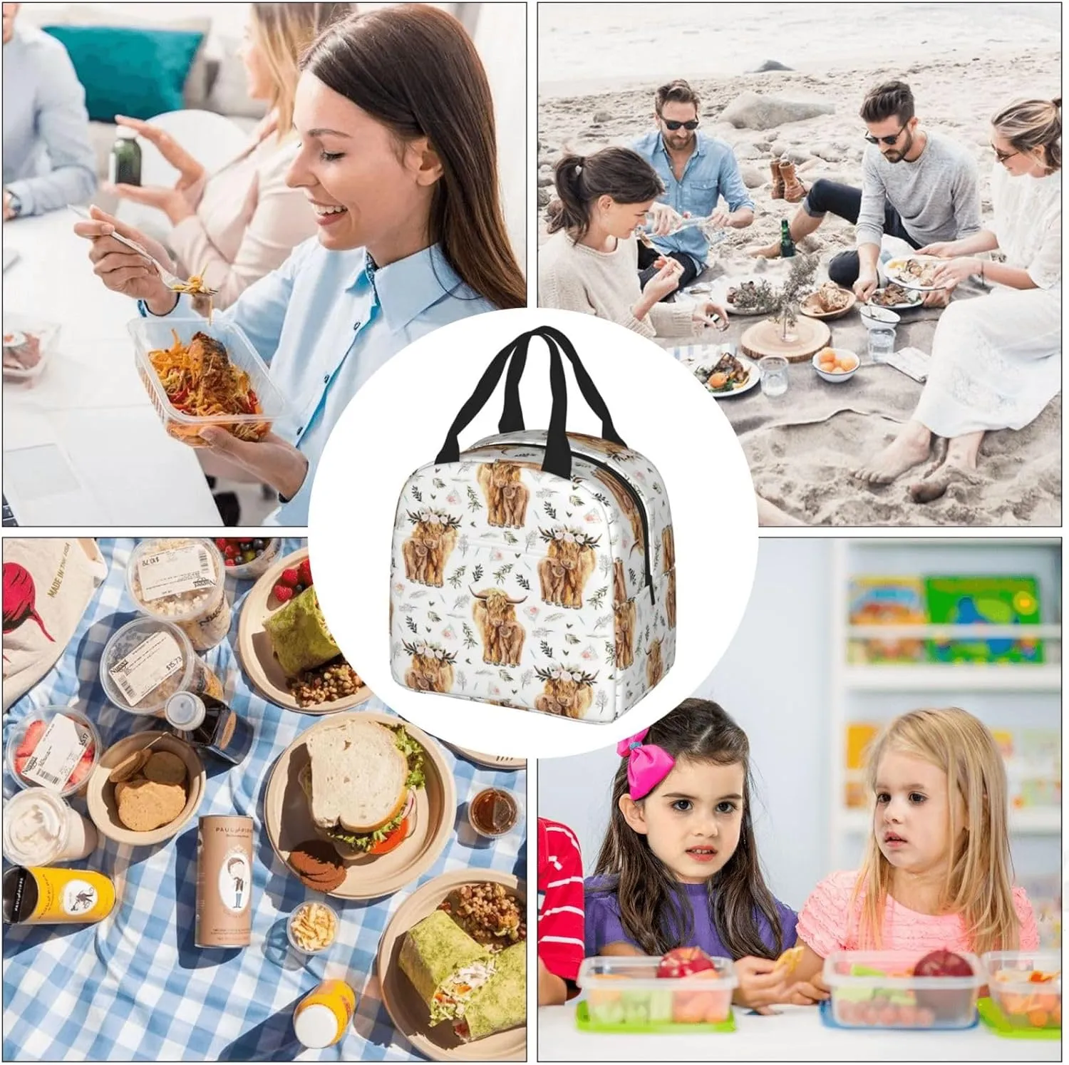 Highland Cow Lunch Box Farmhouse Cow Insulated Lunch Bag for Kids Women Men Reusable Cooler Rustic Country Lunch Tote Bag with Front Pocket for Girls Boys Students School Office Picnic Travel
