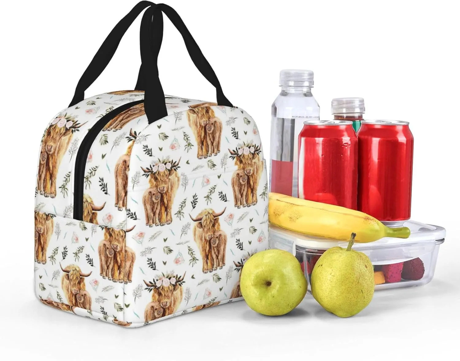 Highland Cow Lunch Box Farmhouse Cow Insulated Lunch Bag for Kids Women Men Reusable Cooler Rustic Country Lunch Tote Bag with Front Pocket for Girls Boys Students School Office Picnic Travel