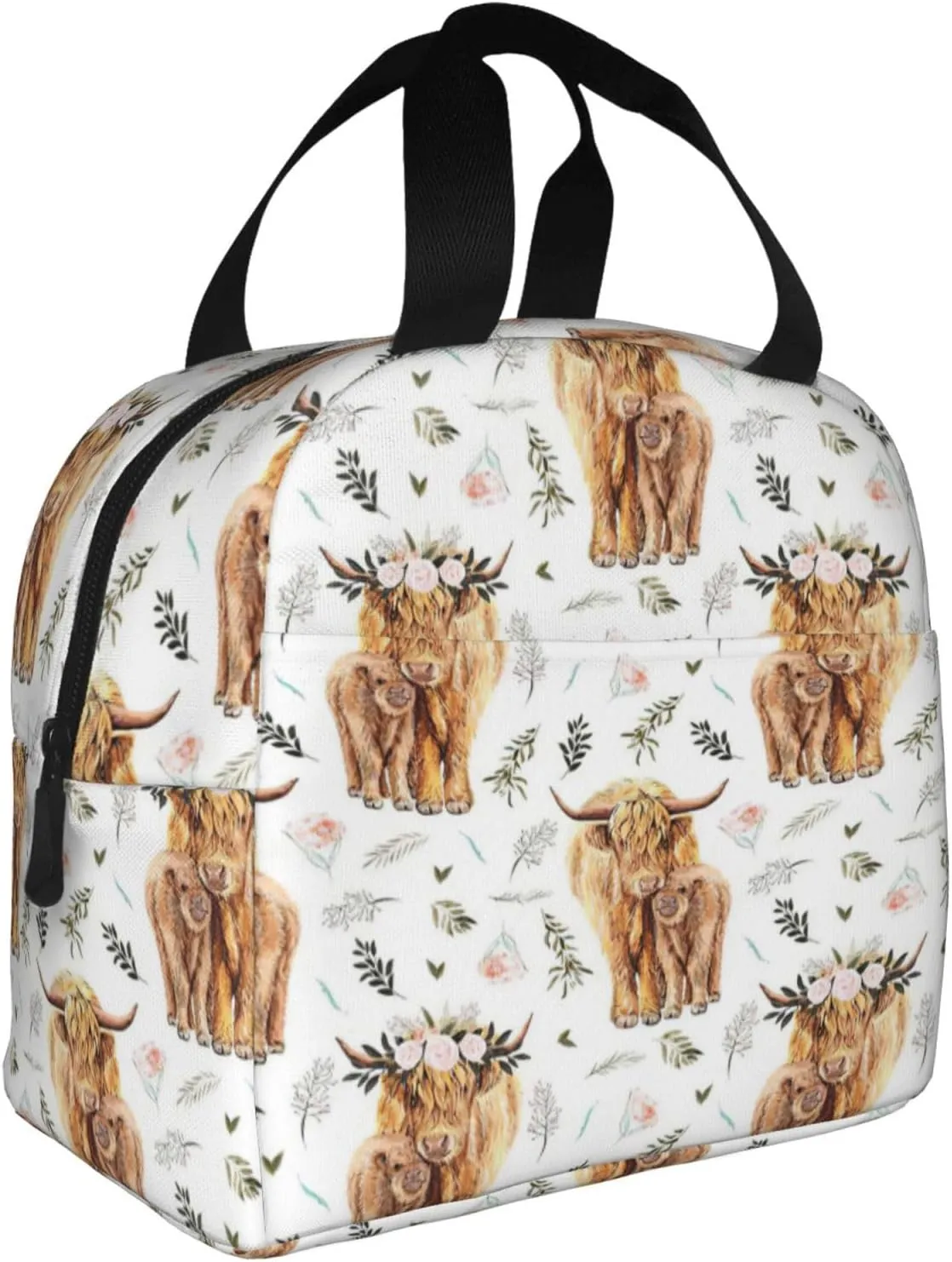 Highland Cow Lunch Box Farmhouse Cow Insulated Lunch Bag for Kids Women Men Reusable Cooler Rustic Country Lunch Tote Bag with Front Pocket for Girls Boys Students School Office Picnic Travel