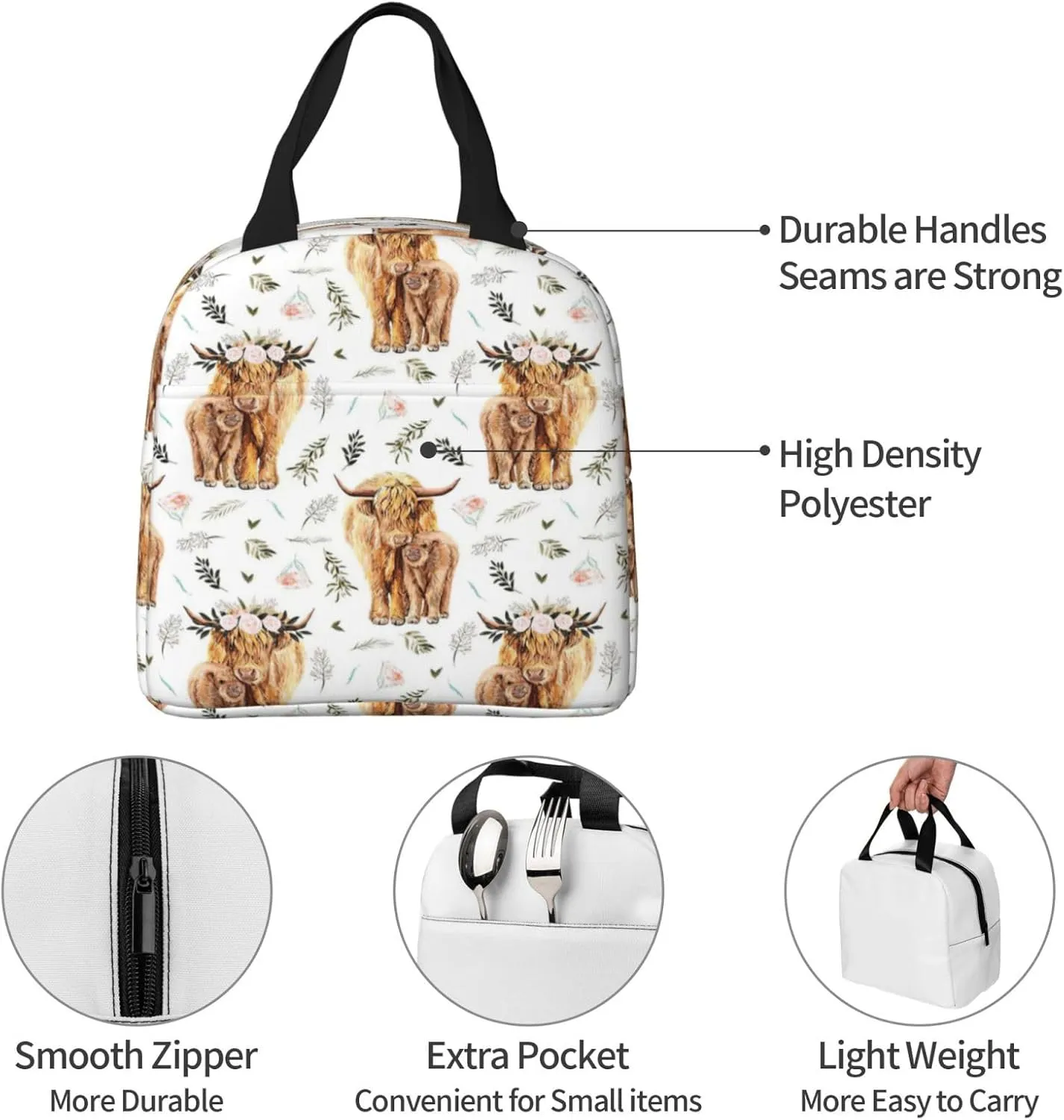 Highland Cow Lunch Box Farmhouse Cow Insulated Lunch Bag for Kids Women Men Reusable Cooler Rustic Country Lunch Tote Bag with Front Pocket for Girls Boys Students School Office Picnic Travel
