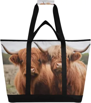 Highland Cows Reusable Insulated Lunchbox Cooler Bag, Leakproof Kitchen Grocery Bag Collapsible Portable Cooler Tote Bag for Picnic, Camping, Office, Travel