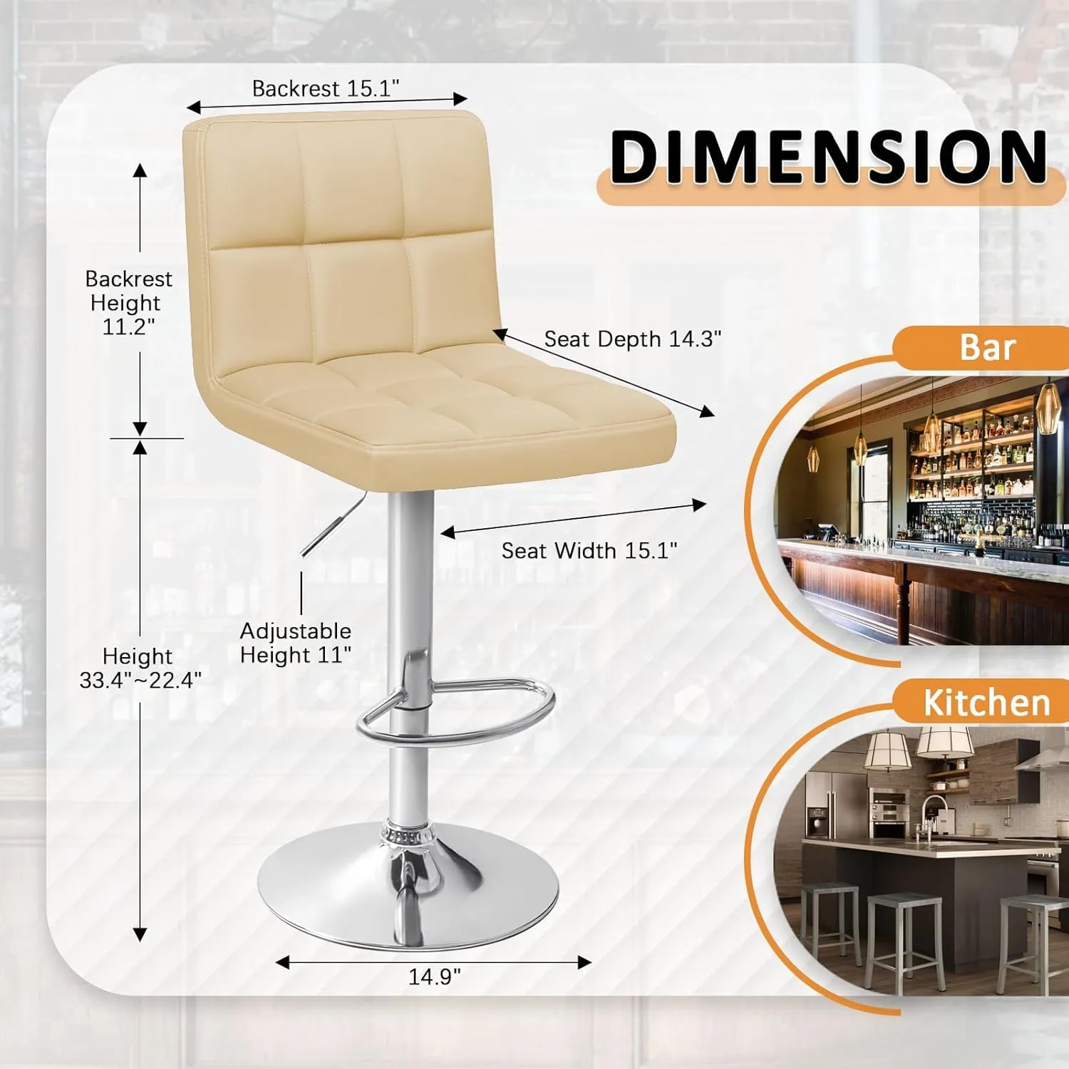 Homall Bar Stools Modern PU Leather Adjustable Swivel Barstools, Armless Hydraulic Kitchen Counter Bar Stool Extra Height Square Island Barstool with Back Set of 2 (Leather, Beige)
