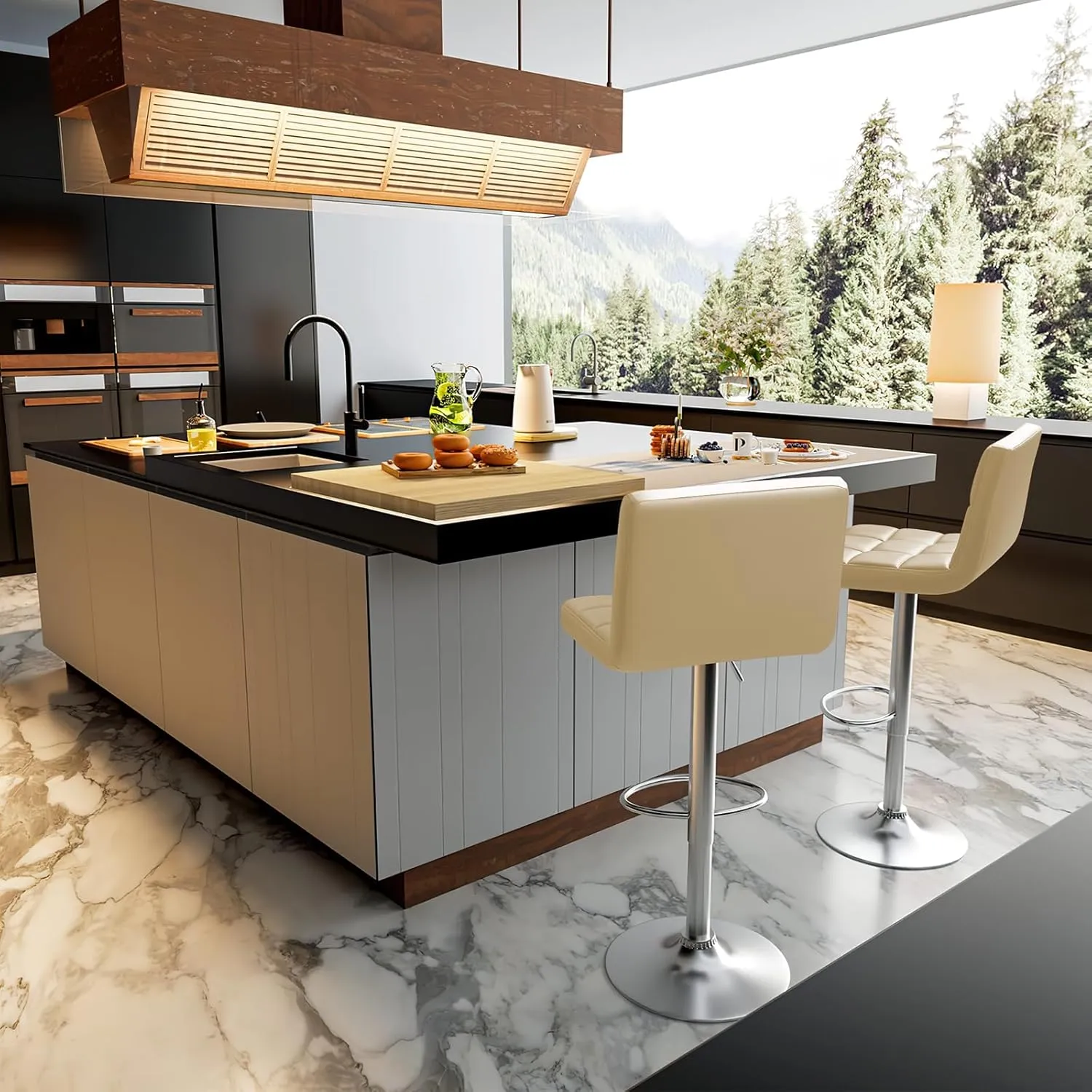 Homall Bar Stools Modern PU Leather Adjustable Swivel Barstools, Armless Hydraulic Kitchen Counter Bar Stool Extra Height Square Island Barstool with Back Set of 2 (Leather, Beige)