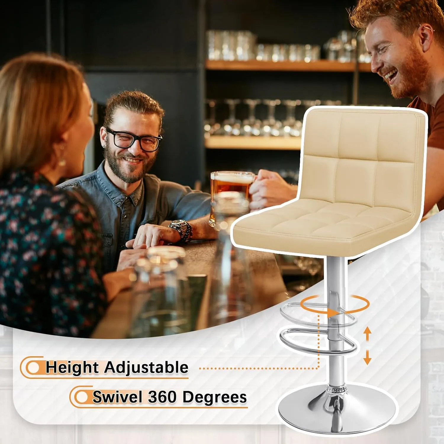 Homall Bar Stools Modern PU Leather Adjustable Swivel Barstools, Armless Hydraulic Kitchen Counter Bar Stool Extra Height Square Island Barstool with Back Set of 2 (Leather, Beige)