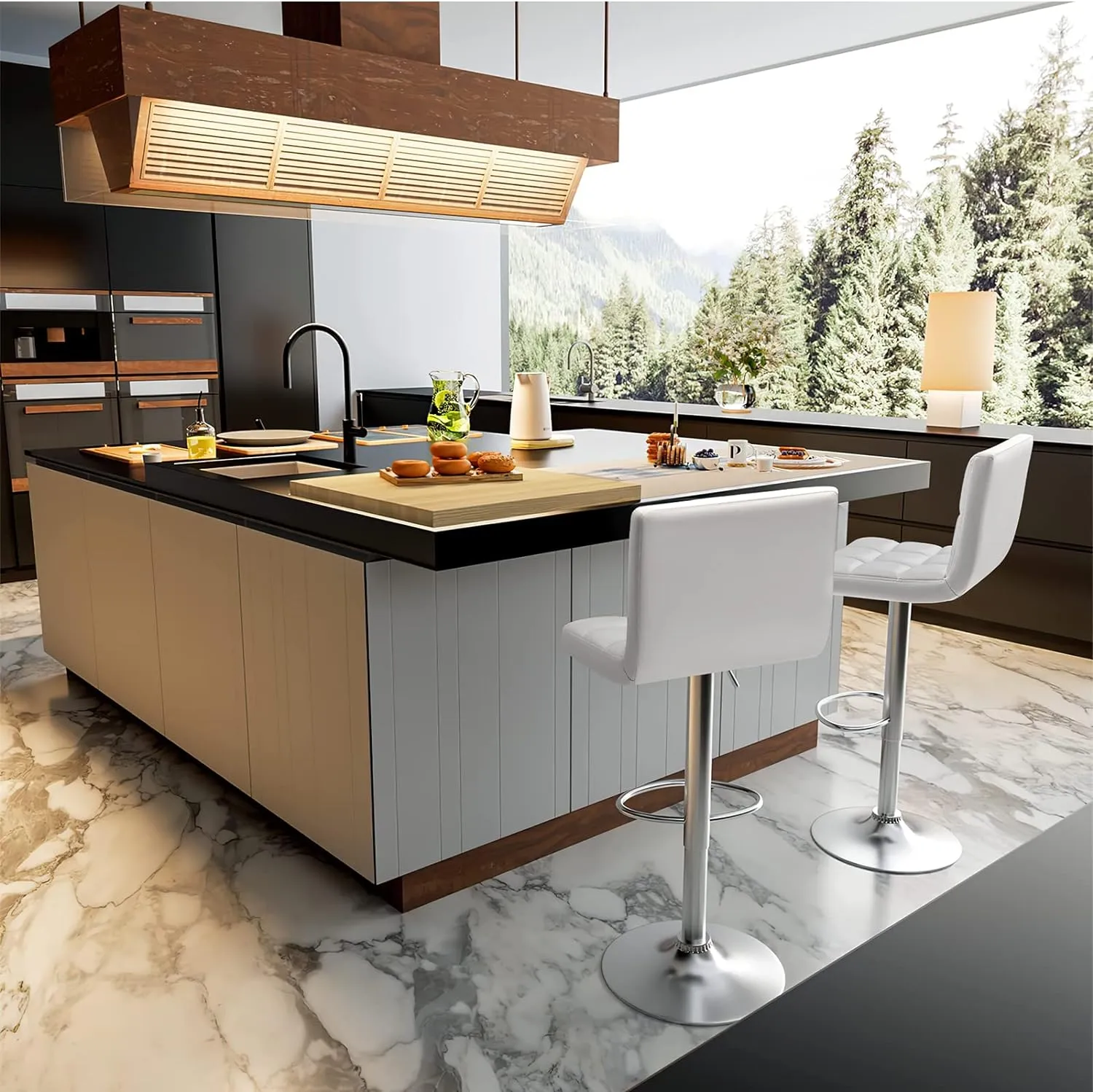 Homall Bar Stools Modern PU Leather Adjustable Swivel Barstools, Armless Hydraulic Kitchen Counter Bar Stool Extra Height Square Island Barstool with Back Set of 4 (Leather, White 4 Pcs)