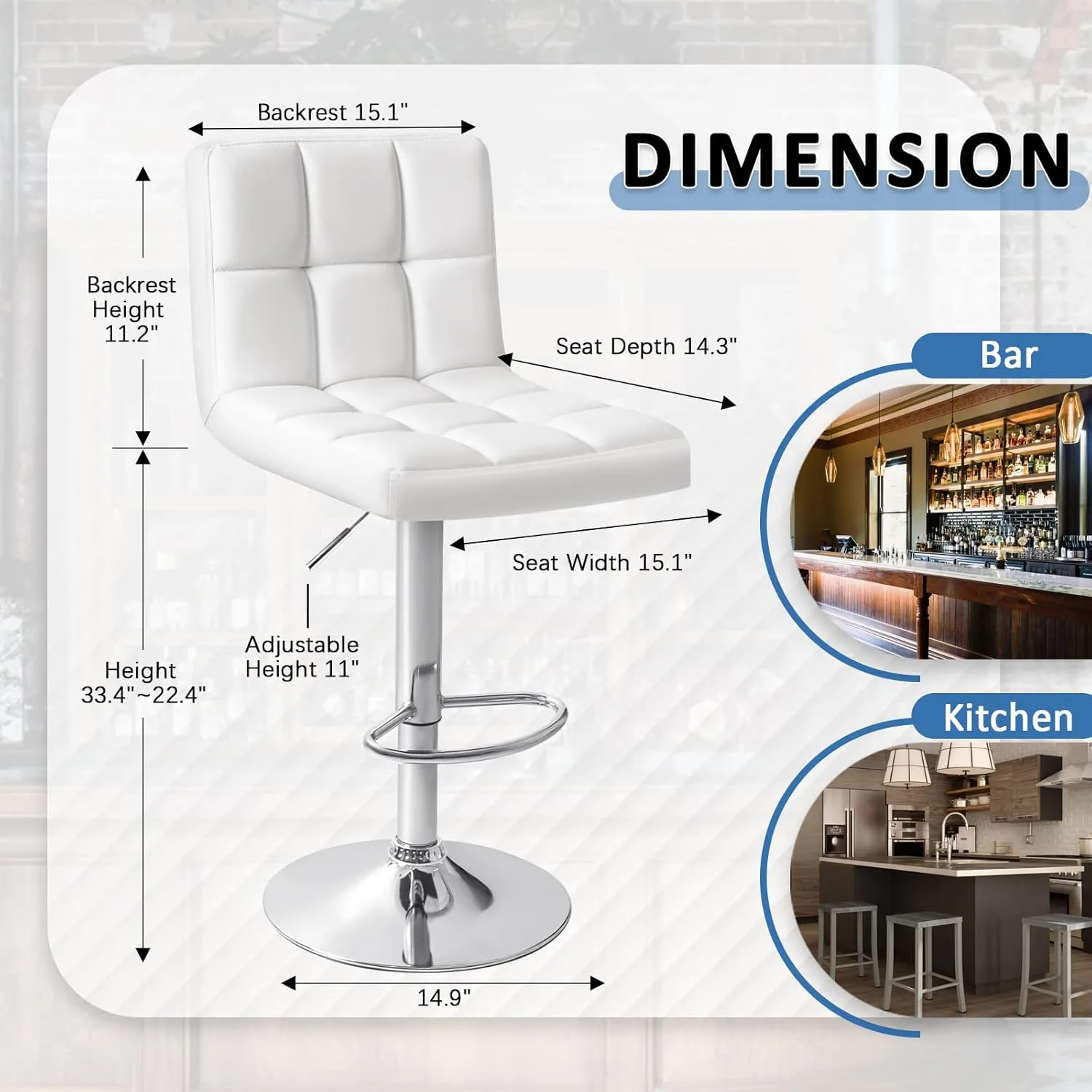Homall Bar Stools Modern PU Leather Adjustable Swivel Barstools, Armless Hydraulic Kitchen Counter Bar Stool Extra Height Square Island Barstool with Back Set of 4 (Leather, White 4 Pcs)