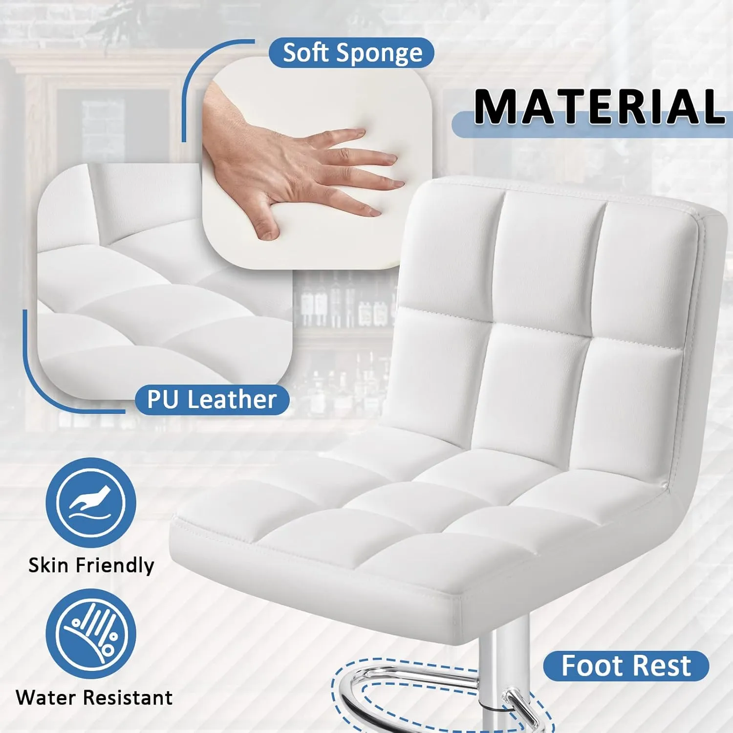 Homall Bar Stools Modern PU Leather Adjustable Swivel Barstools, Armless Hydraulic Kitchen Counter Bar Stool Extra Height Square Island Barstool with Back Set of 4 (Leather, White 4 Pcs)