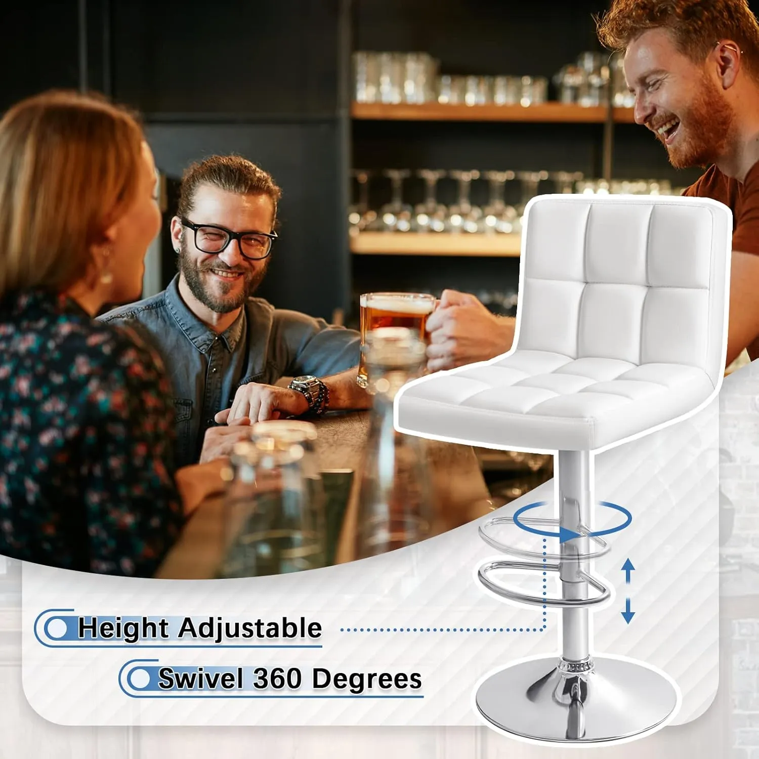Homall Bar Stools Modern PU Leather Adjustable Swivel Barstools, Armless Hydraulic Kitchen Counter Bar Stool Extra Height Square Island Barstool with Back Set of 4 (Leather, White 4 Pcs)