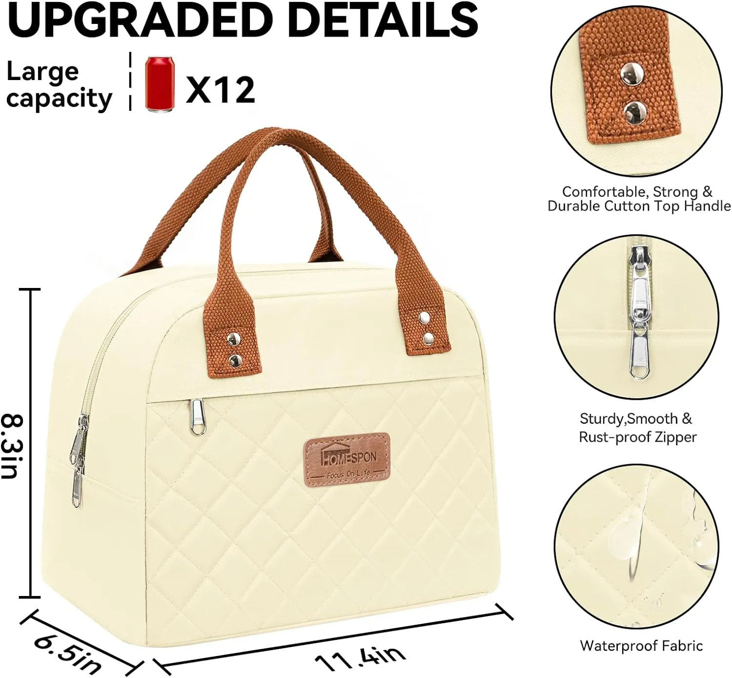 HOMESPON Insulated Lunch Bag for Women Men Adults Lunch Tote with Front Pocket Lunch Box Container Cooler Bag for Work Picnic (Beige)