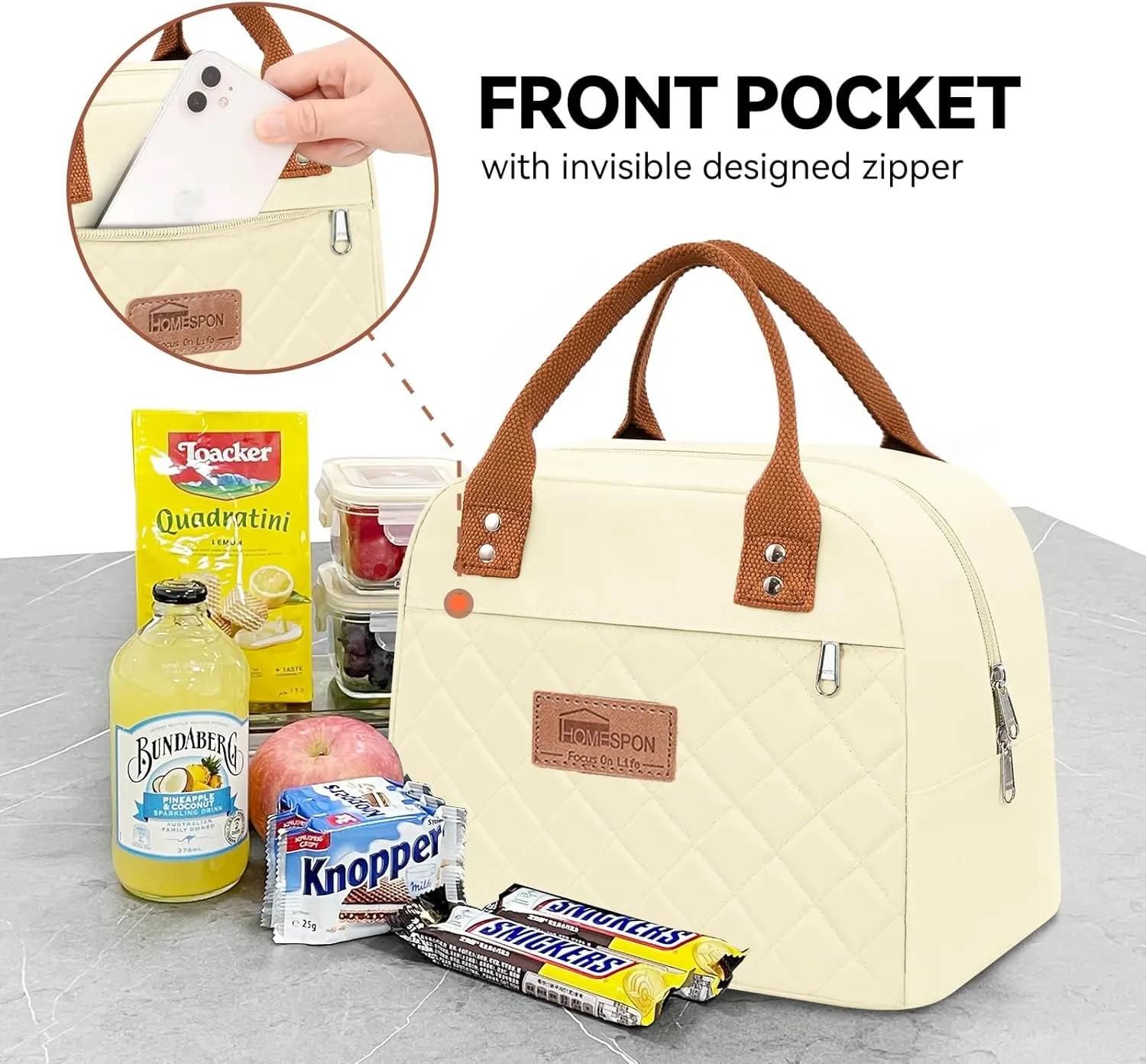 HOMESPON Insulated Lunch Bag for Women Men Adults Lunch Tote with Front Pocket Lunch Box Container Cooler Bag for Work Picnic (Beige)