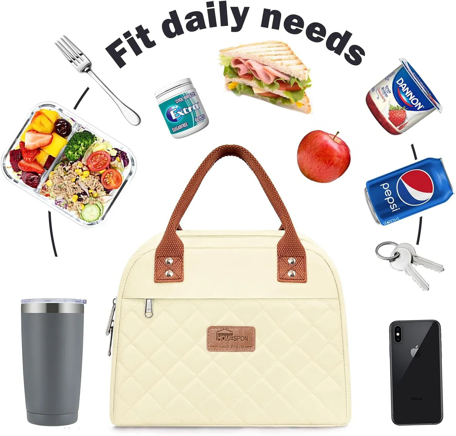 HOMESPON Insulated Lunch Bag for Women Men Adults Lunch Tote with Front Pocket Lunch Box Container Cooler Bag for Work Picnic (Beige)