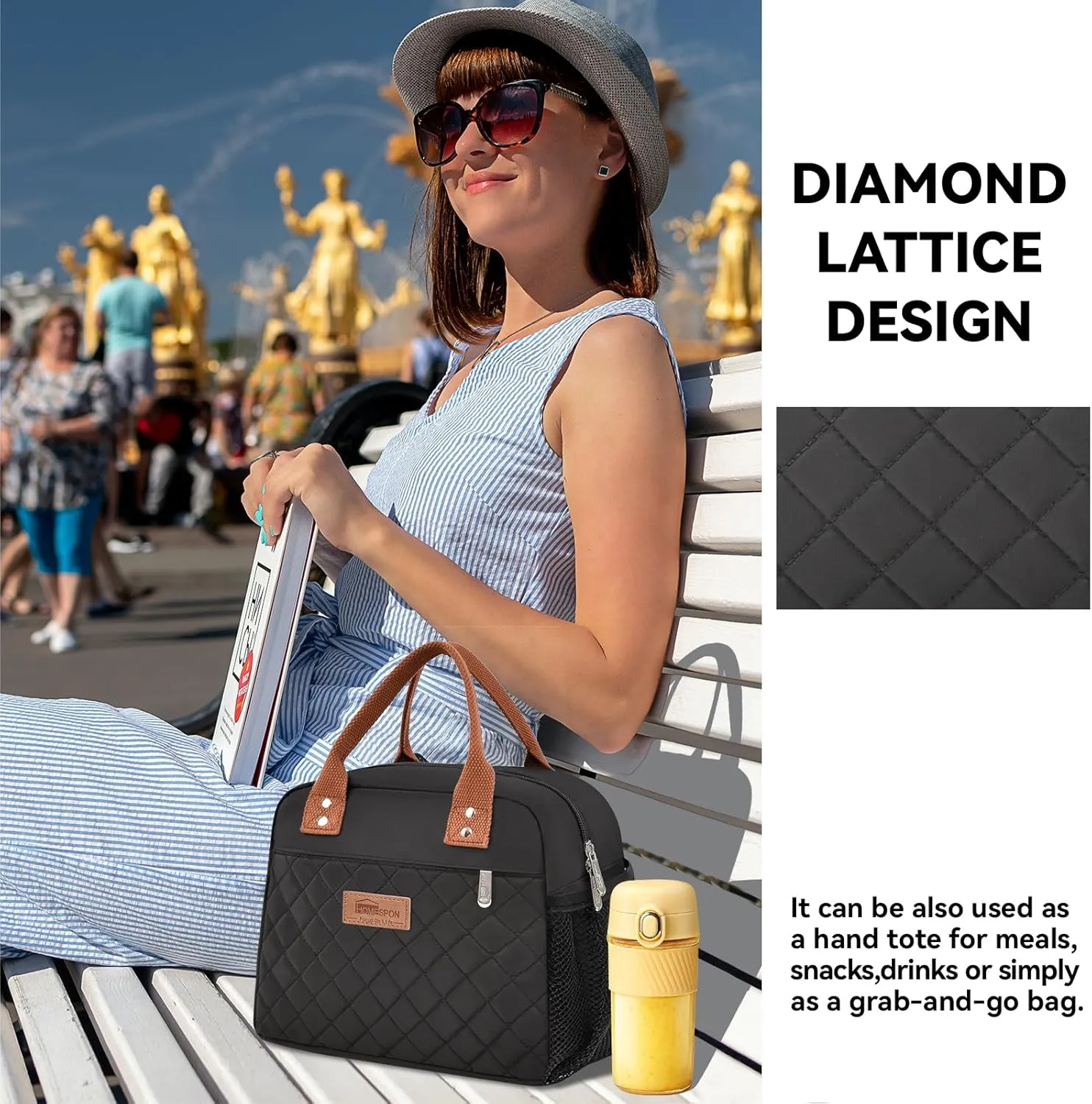 HOMESPON Insulated Lunch Bag for Women Men Adults Lunch Tote with Front Pocket Lunch Box Container Cooler Bag for Work Picnic (Black with Side Pockets)