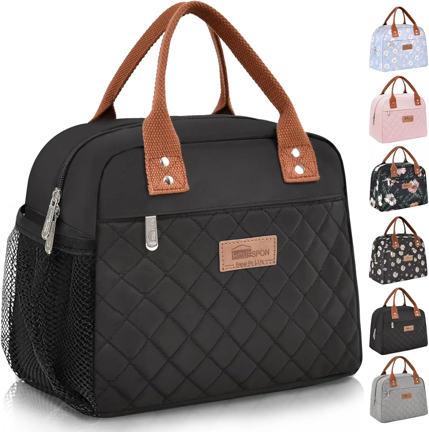 HOMESPON Insulated Lunch Bag for Women Men Adults Lunch Tote with Front Pocket Lunch Box Container Cooler Bag for Work Picnic (Black with Side Pockets)