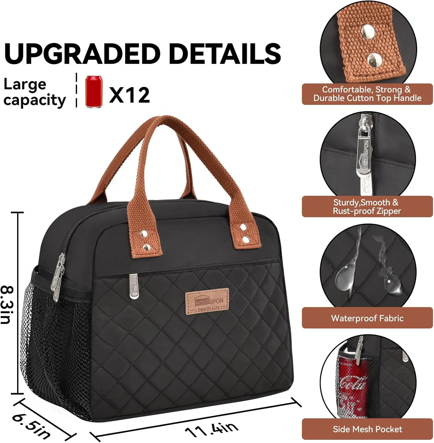 HOMESPON Insulated Lunch Bag for Women Men Adults Lunch Tote with Front Pocket Lunch Box Container Cooler Bag for Work Picnic (Black with Side Pockets)