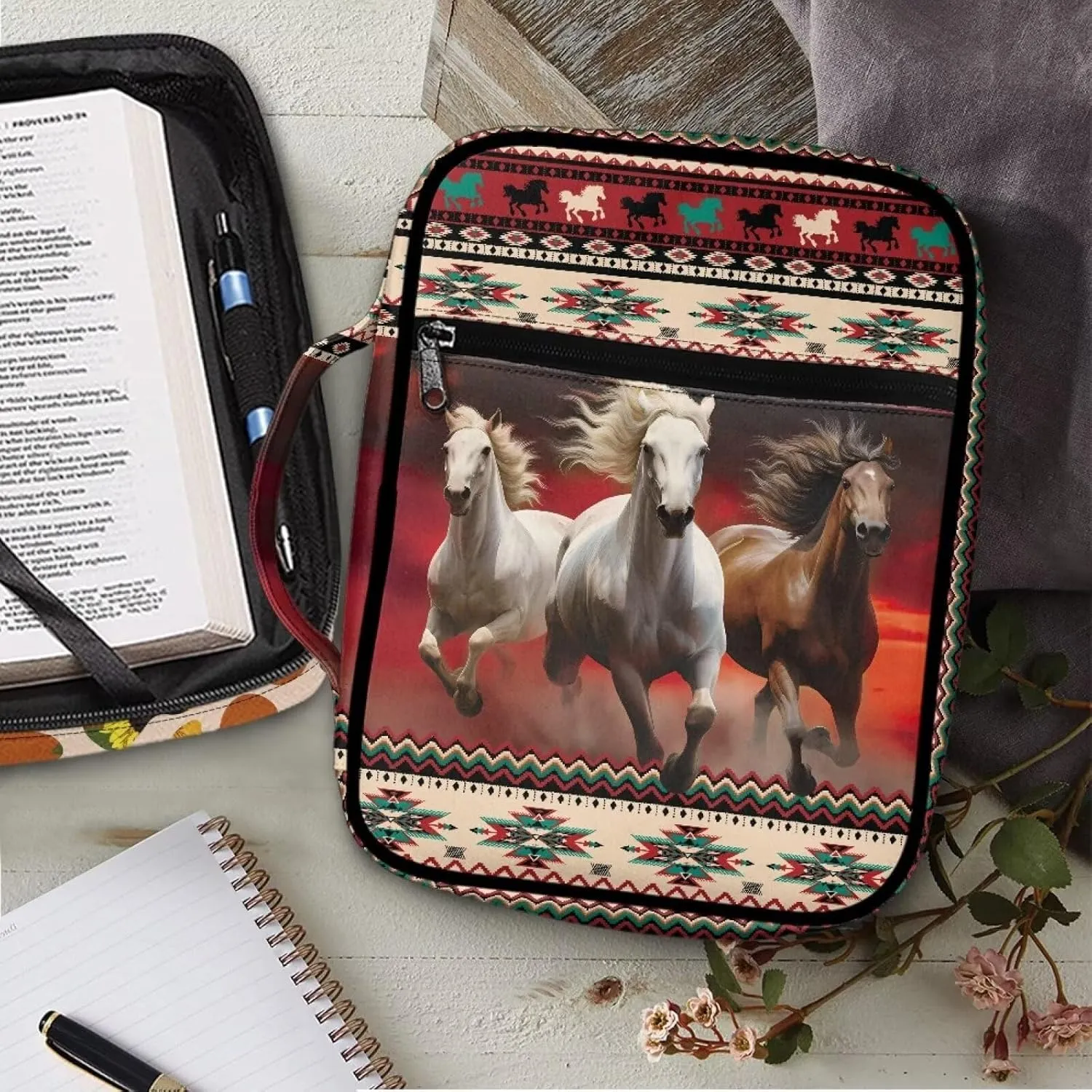 Horse Bible Covers for Women Men Multi-Functional Bible Carrying Case Southwest Africa Aztec Bible Covers with Handle Bible Bag