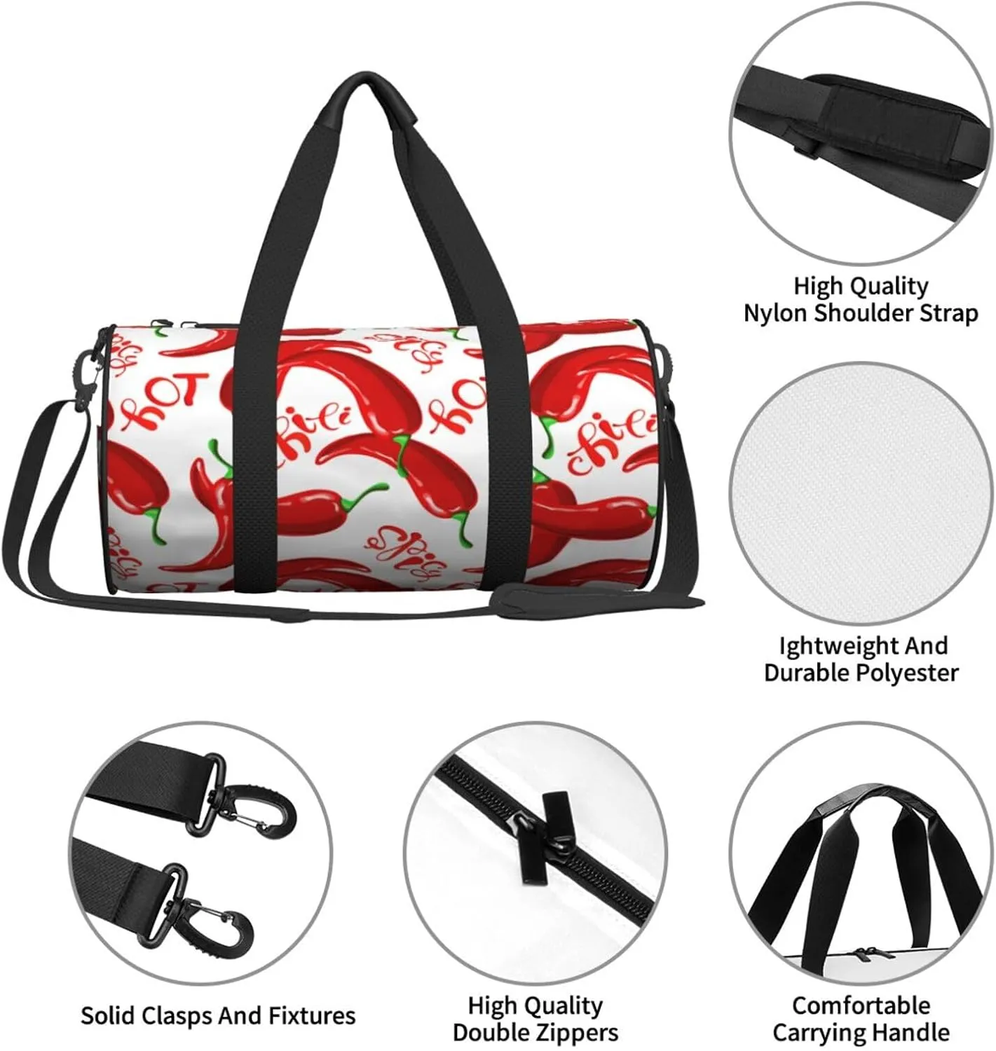Hot Red Chili Round Travel Duffel Bag Large Capacity Gym Sports Bags for Hiking Vacation Trips