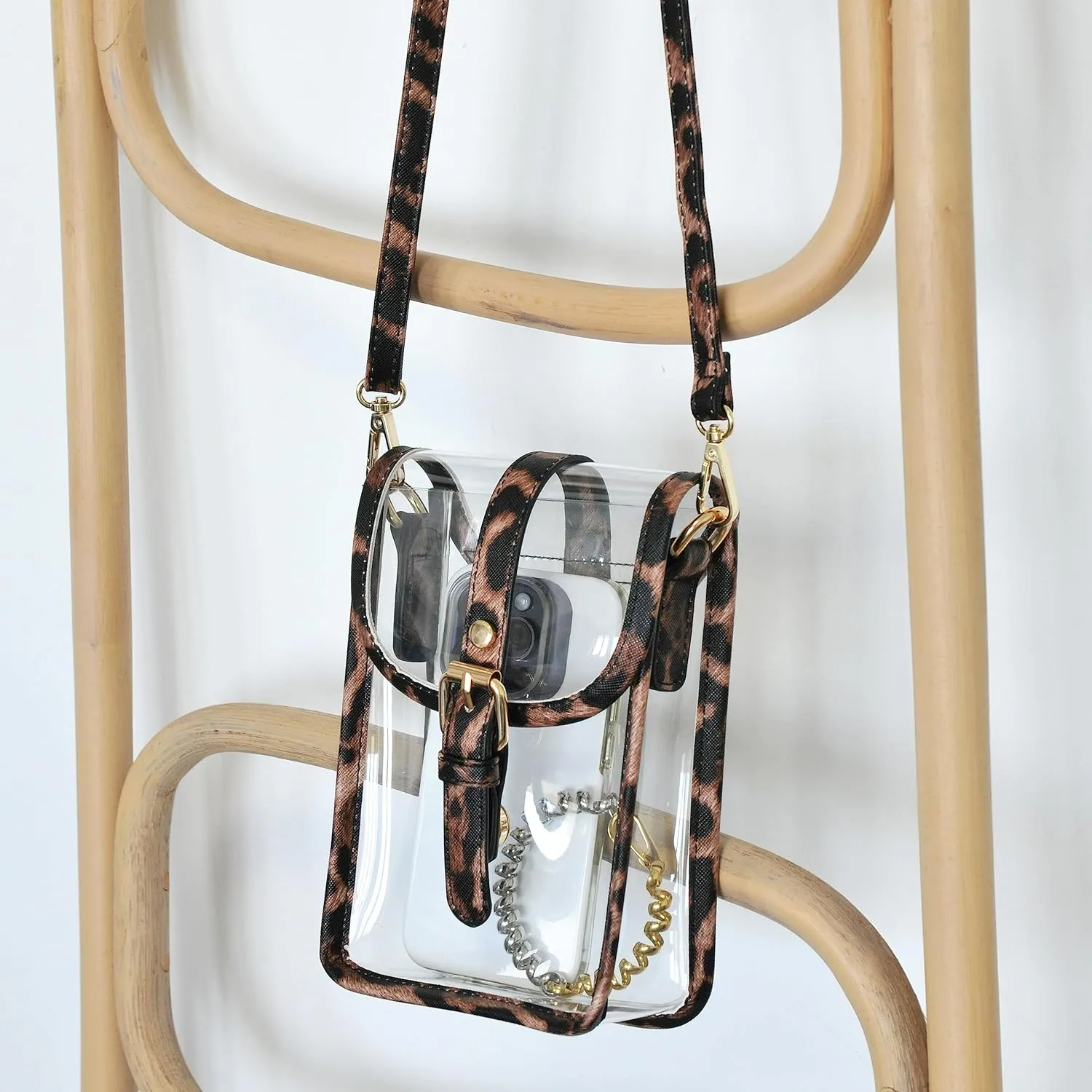 HOXIS Clear PVC Saddle Crossbody Bag for Stadium Approved Womens Transparent Purse Small Size Chain Shoulder Bag Phone Pouch