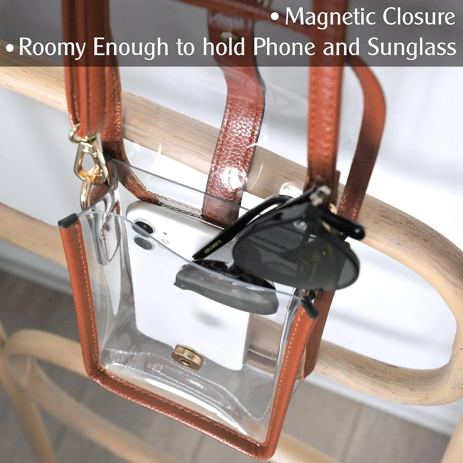 HOXIS Clear PVC Saddle Crossbody Bag for Stadium Approved Womens Transparent Purse Small Size Chain Shoulder Bag Phone Pouch