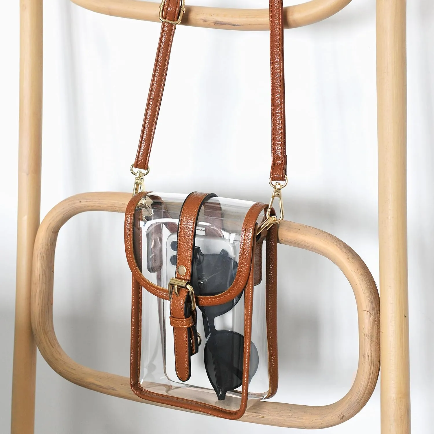 HOXIS Clear PVC Saddle Crossbody Bag for Stadium Approved Womens Transparent Purse Small Size Chain Shoulder Bag Phone Pouch