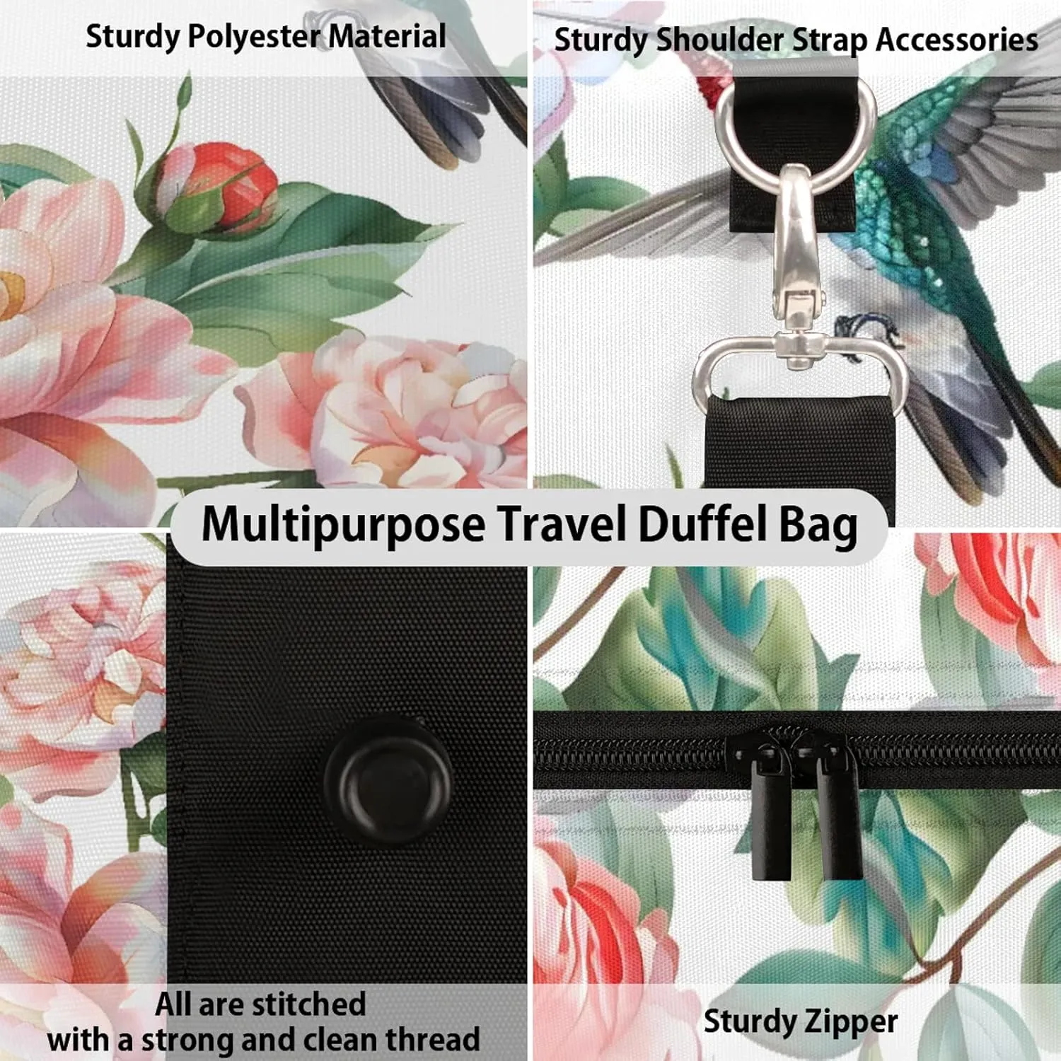 Hummingbird Floral Travel Duffle Bag, Sports Gym Bags for Women Men, Carry On Weekender Overnight Workout Airplane Trips Bag