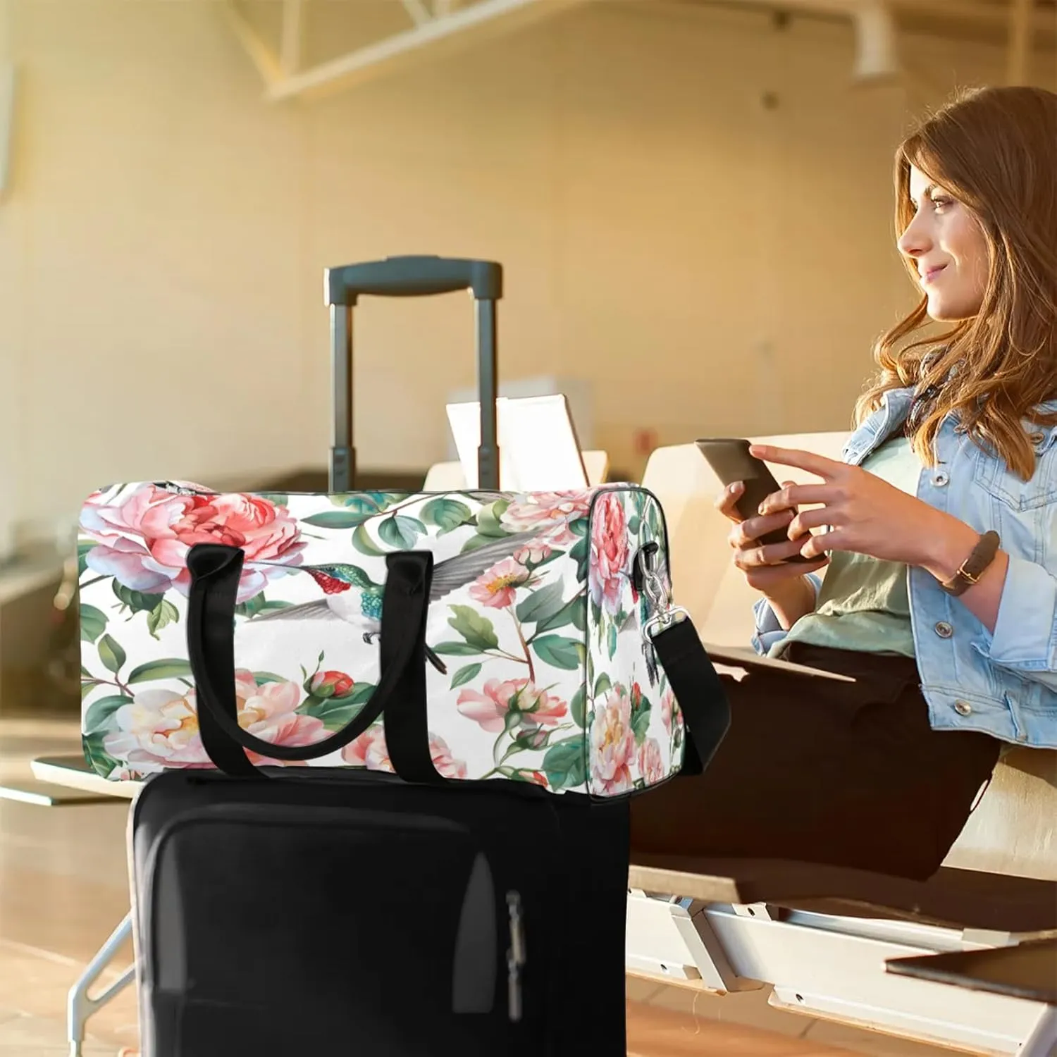 Hummingbird Floral Travel Duffle Bag, Sports Gym Bags for Women Men, Carry On Weekender Overnight Workout Airplane Trips Bag