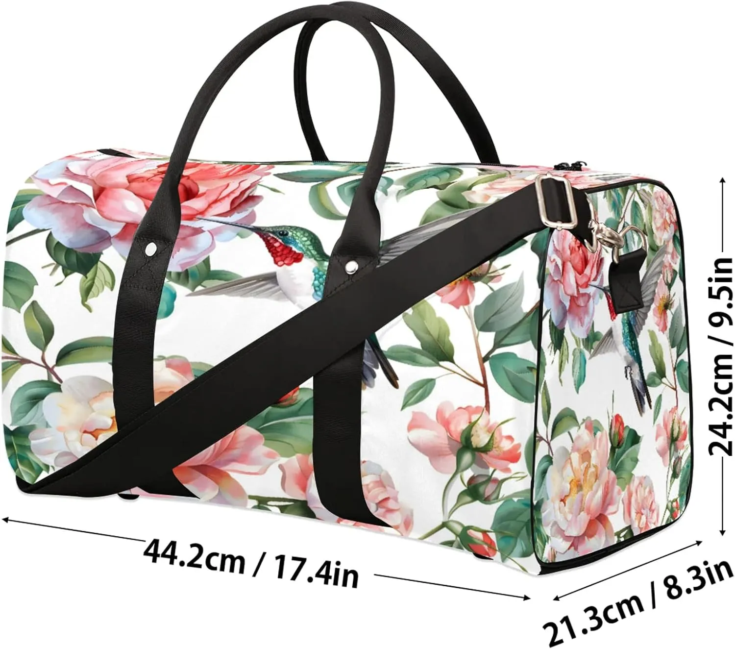 Hummingbird Floral Travel Duffle Bag, Sports Gym Bags for Women Men, Carry On Weekender Overnight Workout Airplane Trips Bag