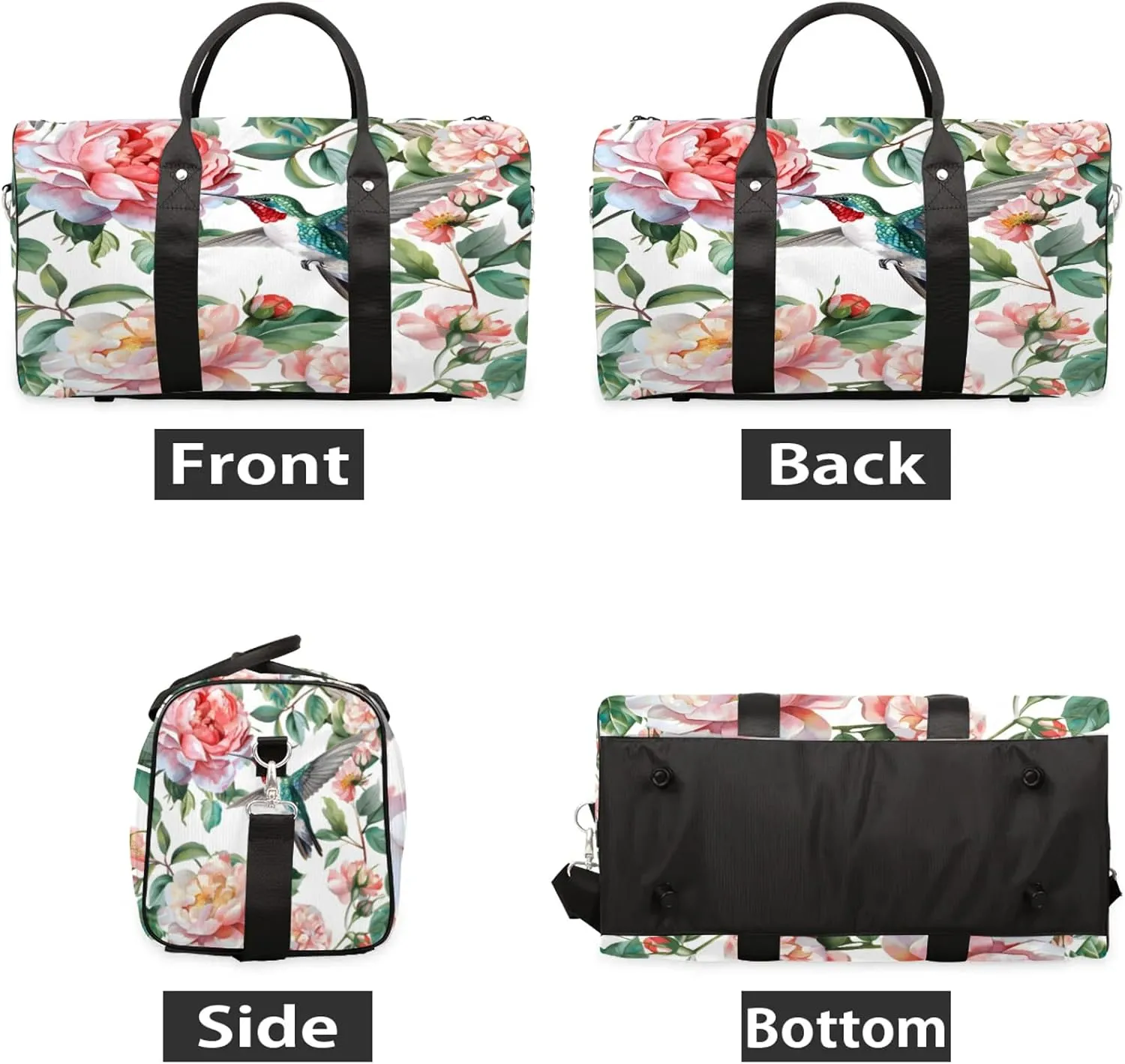 Hummingbird Floral Travel Duffle Bag, Sports Gym Bags for Women Men, Carry On Weekender Overnight Workout Airplane Trips Bag