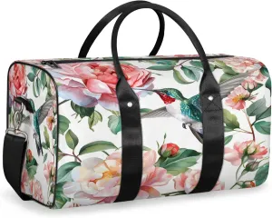 Hummingbird Floral Travel Duffle Bag, Sports Gym Bags for Women Men, Carry On Weekender Overnight Workout Airplane Trips Bag