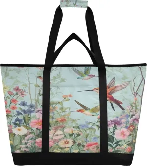 Hummingbirds Flowers Reusable Insulated Lunchbox Cooler Bag, Leakproof Kitchen Grocery Bag Collapsible Portable Cooler Tote Bag for Picnic, Camping, Office, Travel