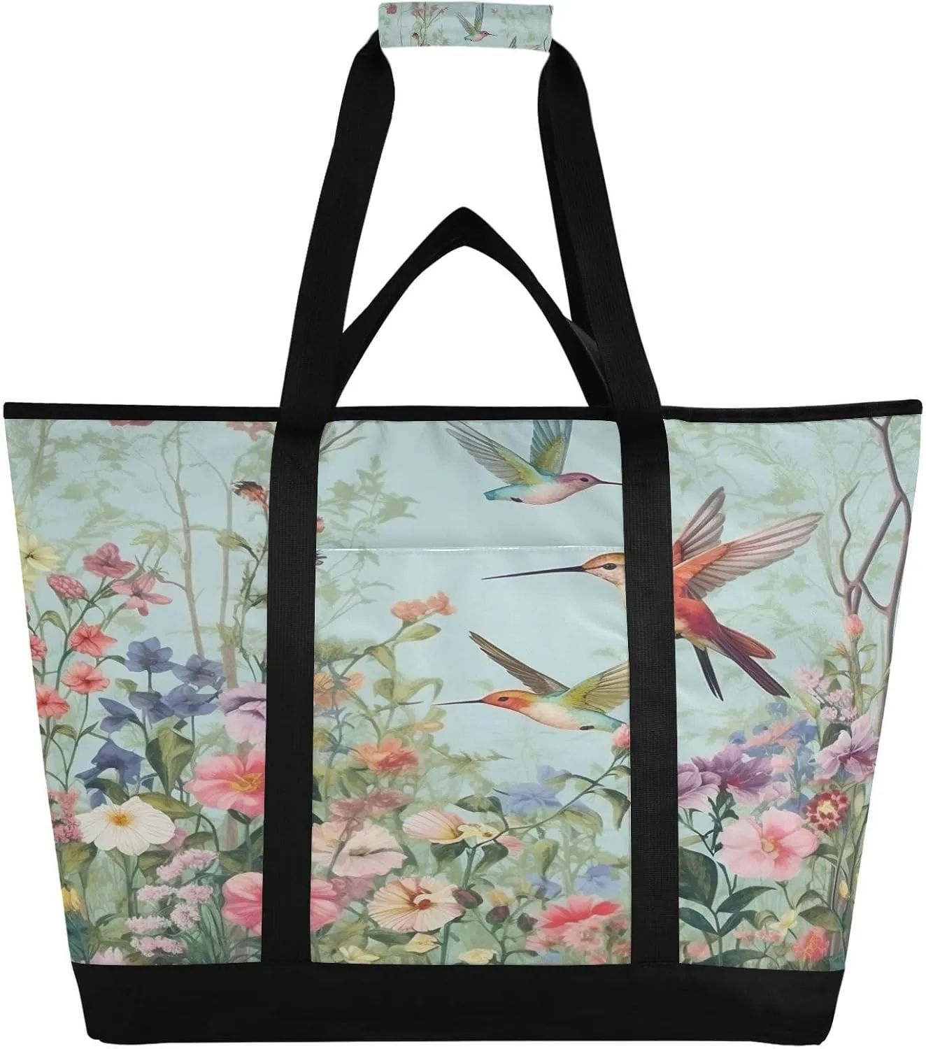 Hummingbirds Flowers Reusable Insulated Lunchbox Cooler Bag, Leakproof Kitchen Grocery Bag Collapsible Portable Cooler Tote Bag for Picnic, Camping, Office, Travel