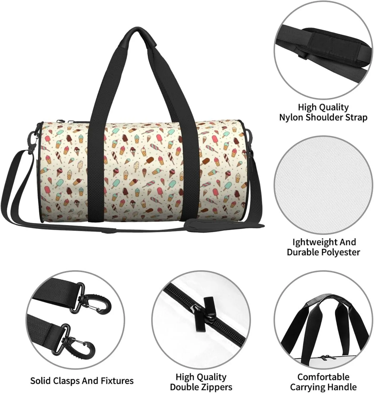 Ice Cream Beige Sports Gym Duffel Bag For Men Women Weekender Travel Workout Training Handbag