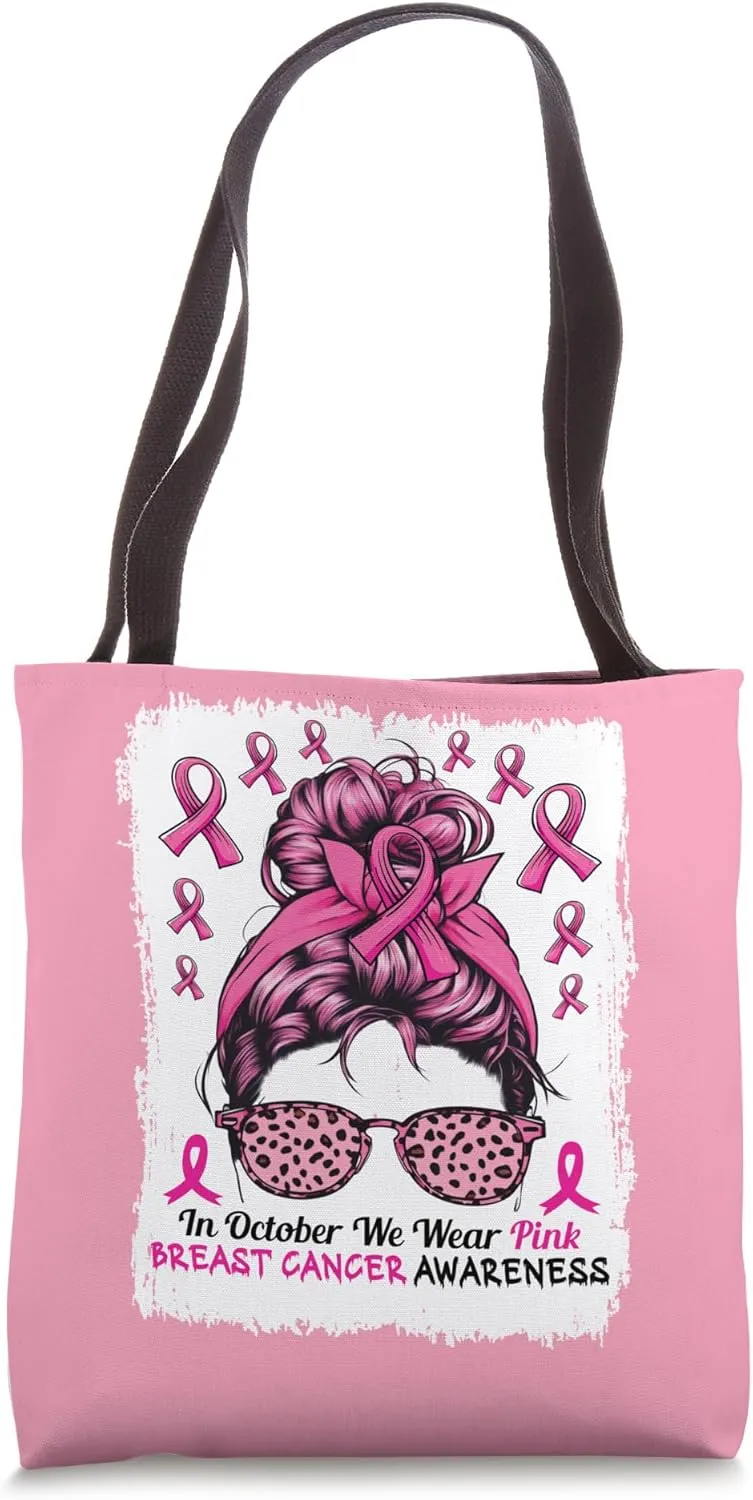 In October We Wear Pink Messy Bun Tote Bag