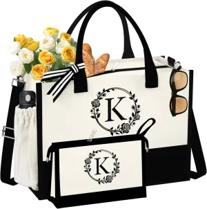 Initial Canvas Beach Tote Bag with Makeup Bag, Personalized Gifts for Women Mom Friends Teacher Bridesmaid Sister