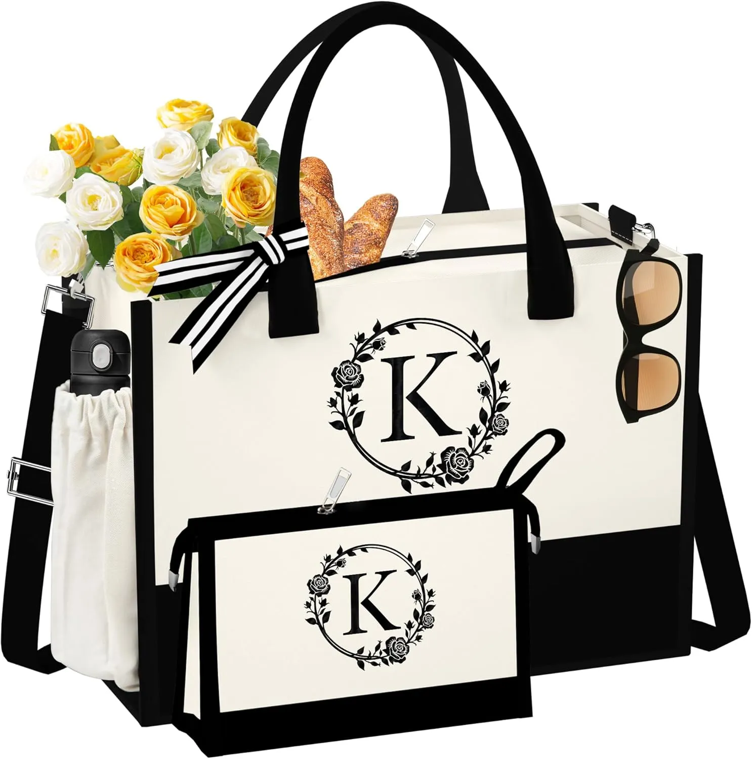 Initial Canvas Beach Tote Bag with Makeup Bag, Personalized Gifts for Women Mom Friends Teacher Bridesmaid Sister