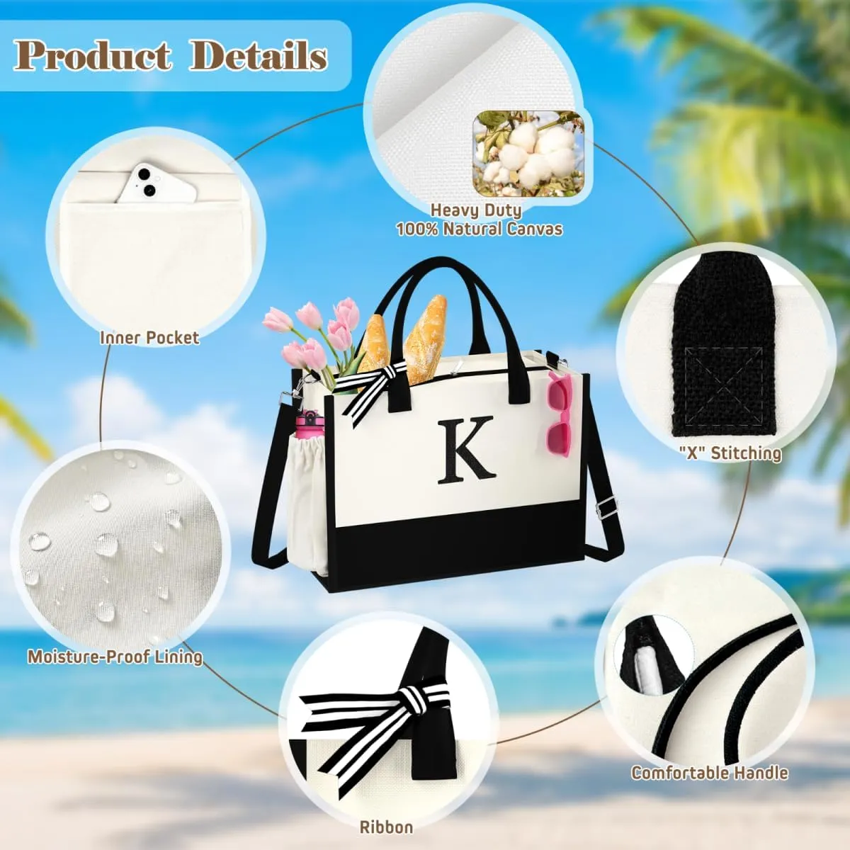 Initial Canvas Tote Bag - Reusable Grocery Bags, Birthday Gifts Basket for Bridemaids Friends Teachers