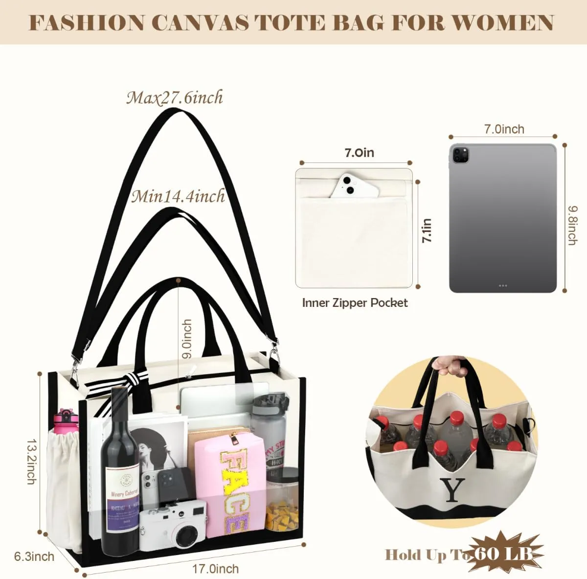 Initial Canvas Tote Bag - Reusable Grocery Bags, Birthday Gifts Basket for Bridemaids Friends Teachers