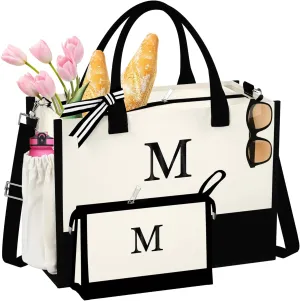 Initial Canvas Tote Bag - Reusable Grocery Bags, Birthday Gifts Basket for Bridemaids Friends Teachers