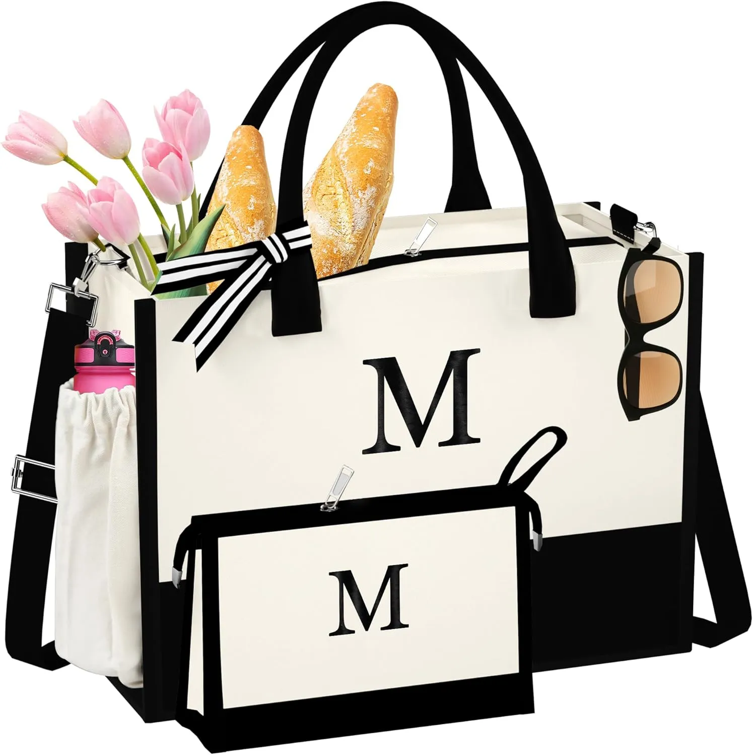 Initial Canvas Tote Bag - Reusable Grocery Bags, Birthday Gifts Basket for Bridemaids Friends Teachers