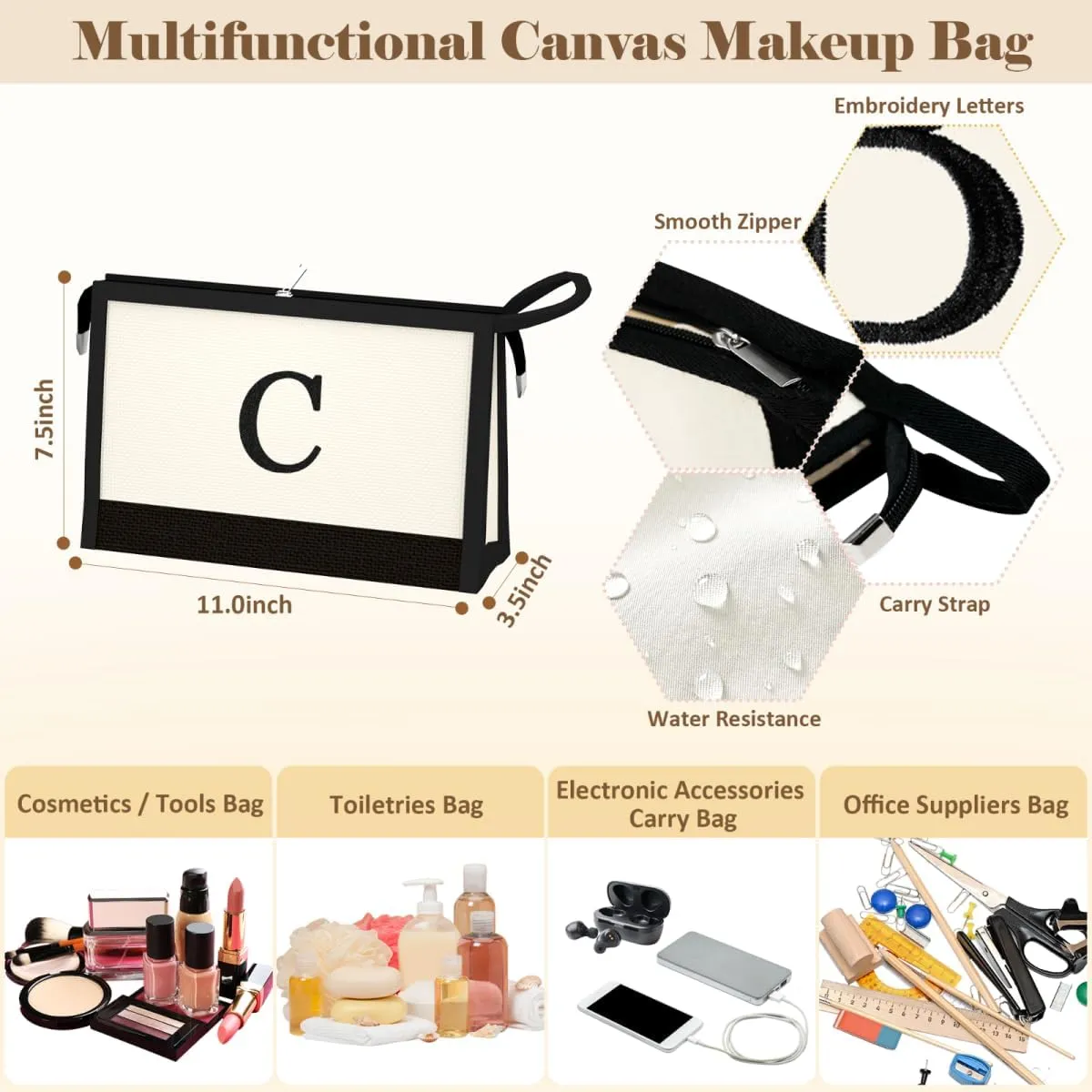 Initial Canvas Tote Bag - Reusable Grocery Bags, Birthday Gifts Basket for Bridemaids Friends Teachers