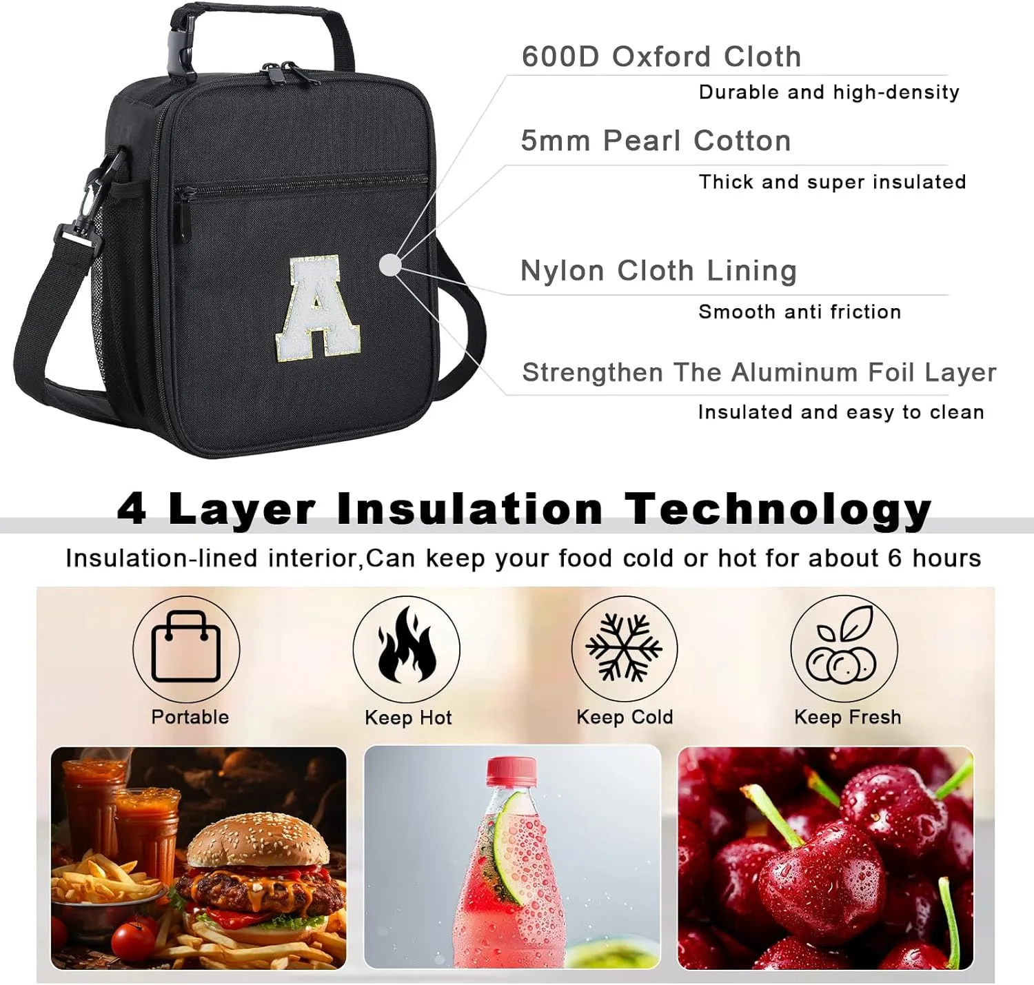 Initial Insulated Lunch Box For Womens/Mens Work，Personalized Monogrammed Lunch Bag With Adjustable Shoulder Strap For Teen Adult/Preppy,Birthday Gift