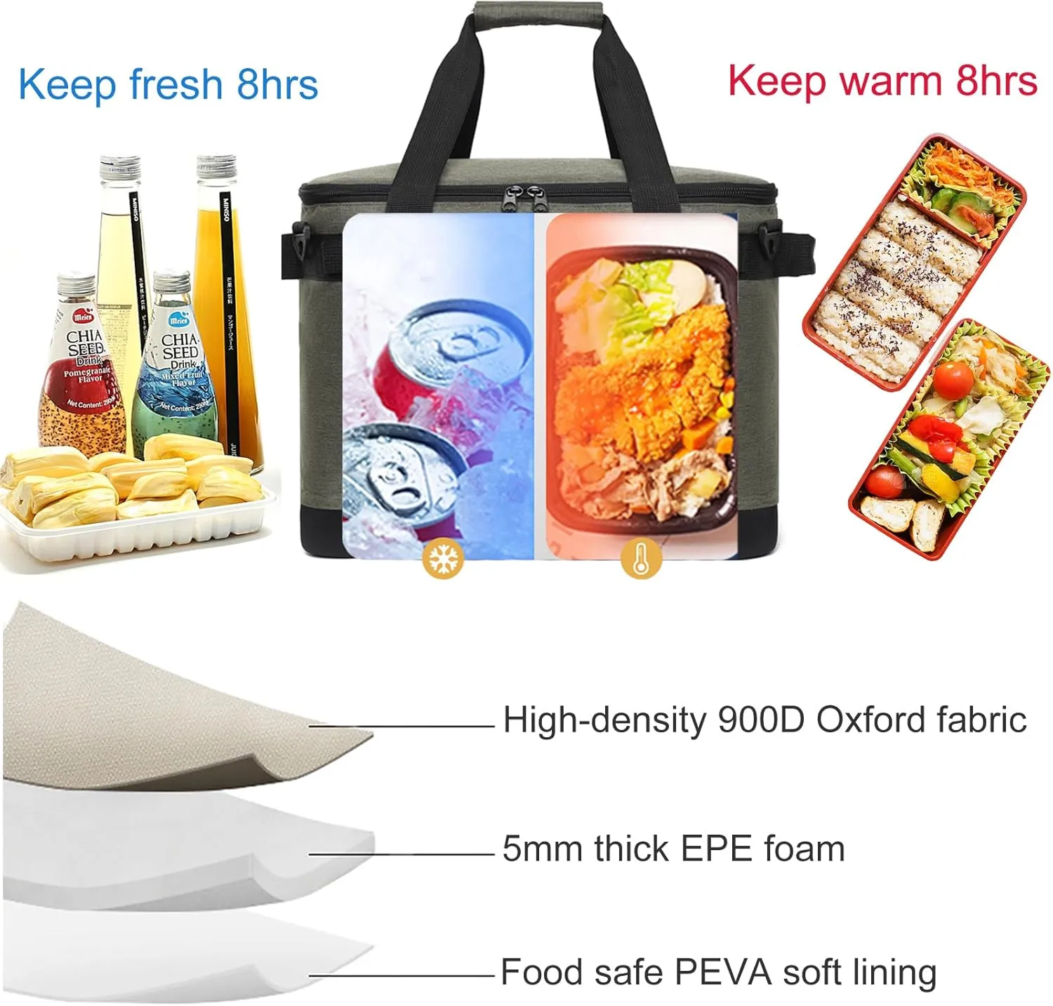 Insulated Cooler Bag, Leakproof Waterproof Lunch Tote for Work Picnic Camping Travel with Adjustable Shoulder Strap for Adult Men Women-Blue