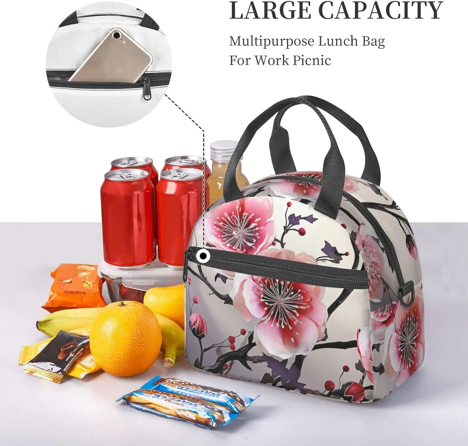 Insulated Lunch Bag for Women Men Reusable Lunchbox Floral Temperate Zone Plant Portable Lunch Box for Adult Work Picnic