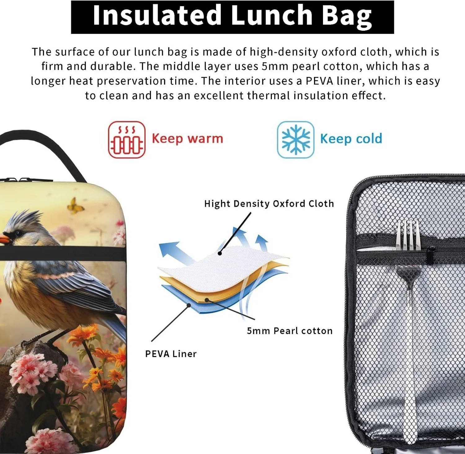 Insulated Lunch Bag Lunch Box for Women Men Sparrow Birds Sing Lunch bag Lunch Tote Bags for Work Office