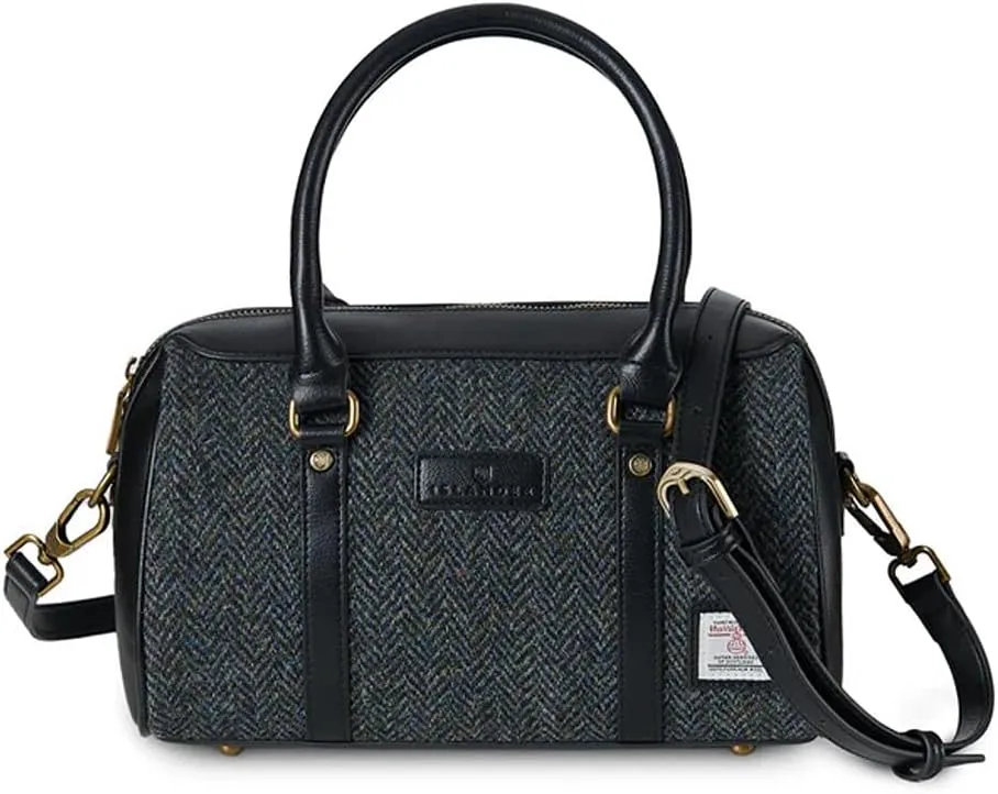 Islander The Medium Duffel Harris Tweed & Microfibre Leather (Black and Grey Herringbone)